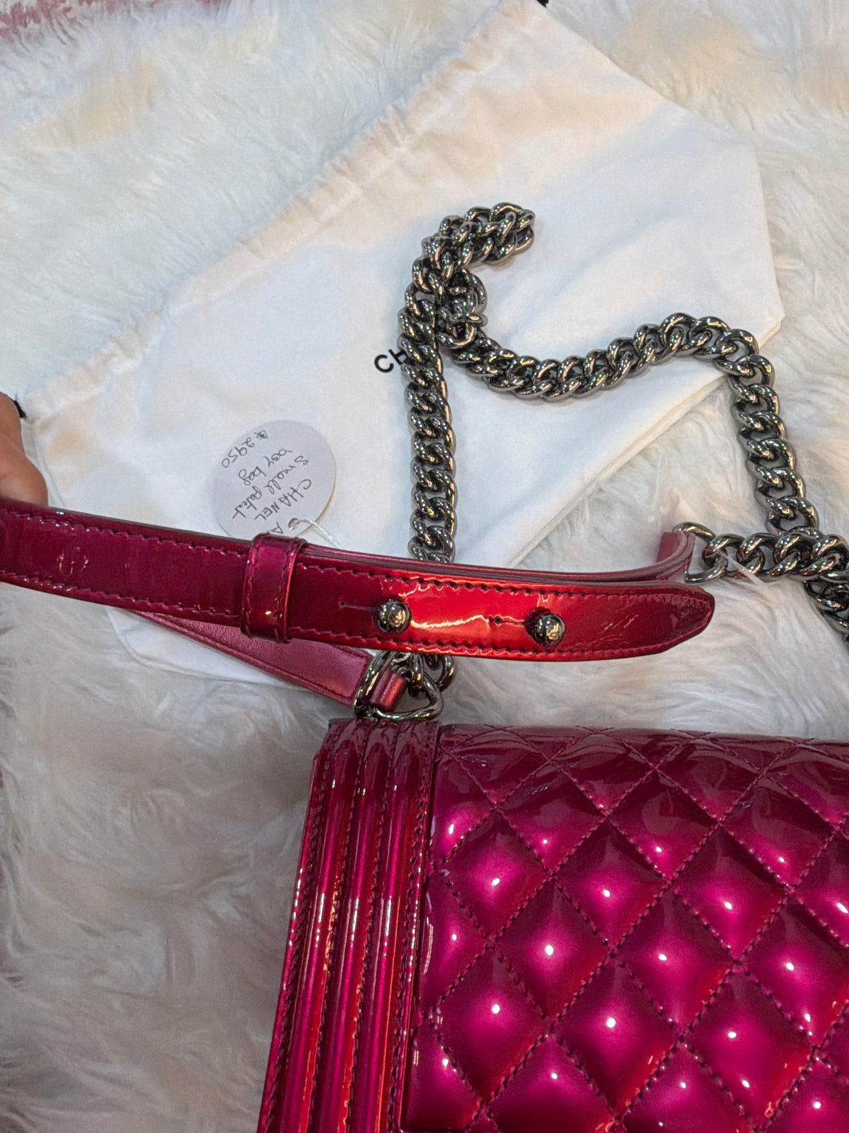 CHANEL SMALL BOY BAG IN PINK PATENT LEATHER