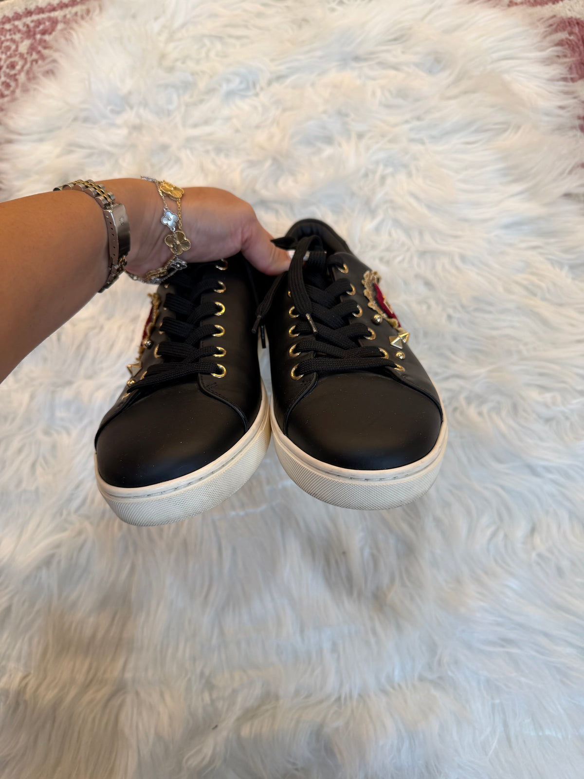 DOLCE & GABBANA HEART STUDDED LEATHER SNEAKERS