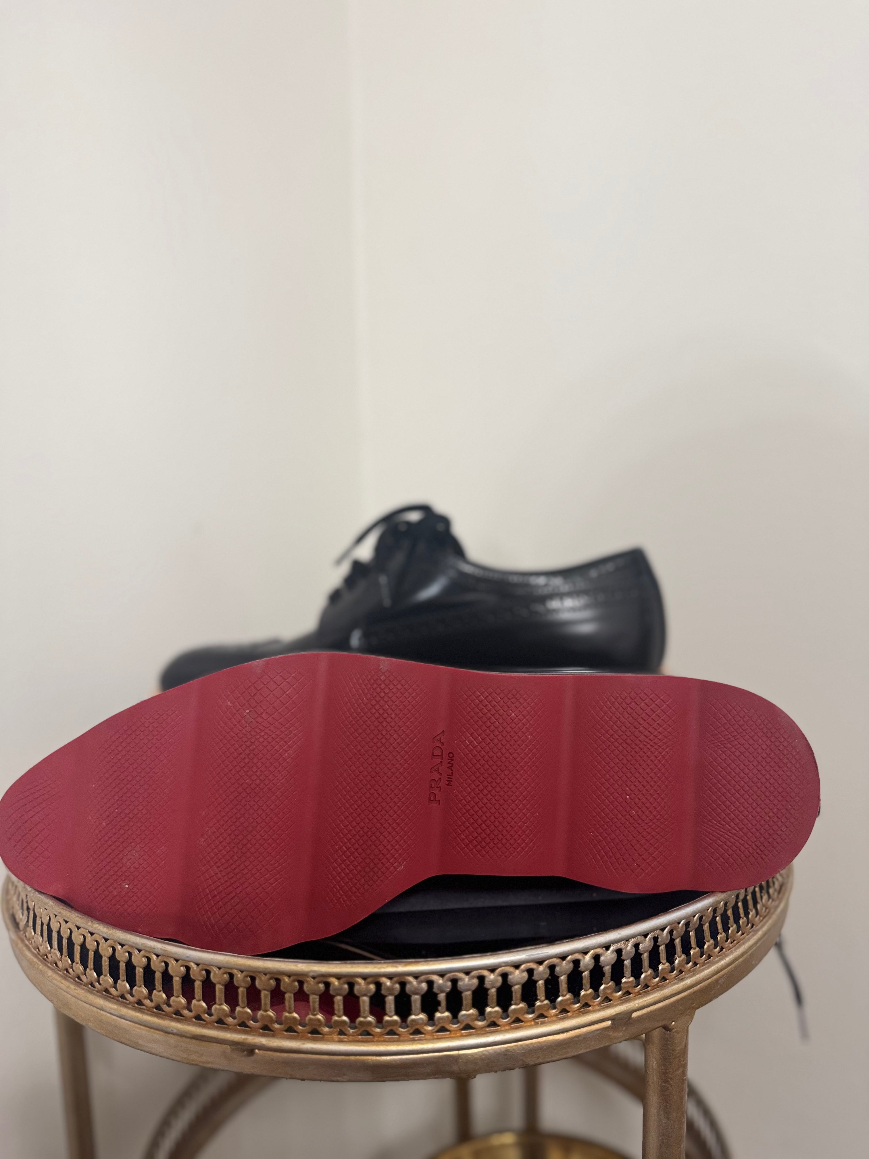 PRADA WINGTIP PLATFORM PATENT LEATHER DERBY SHOES