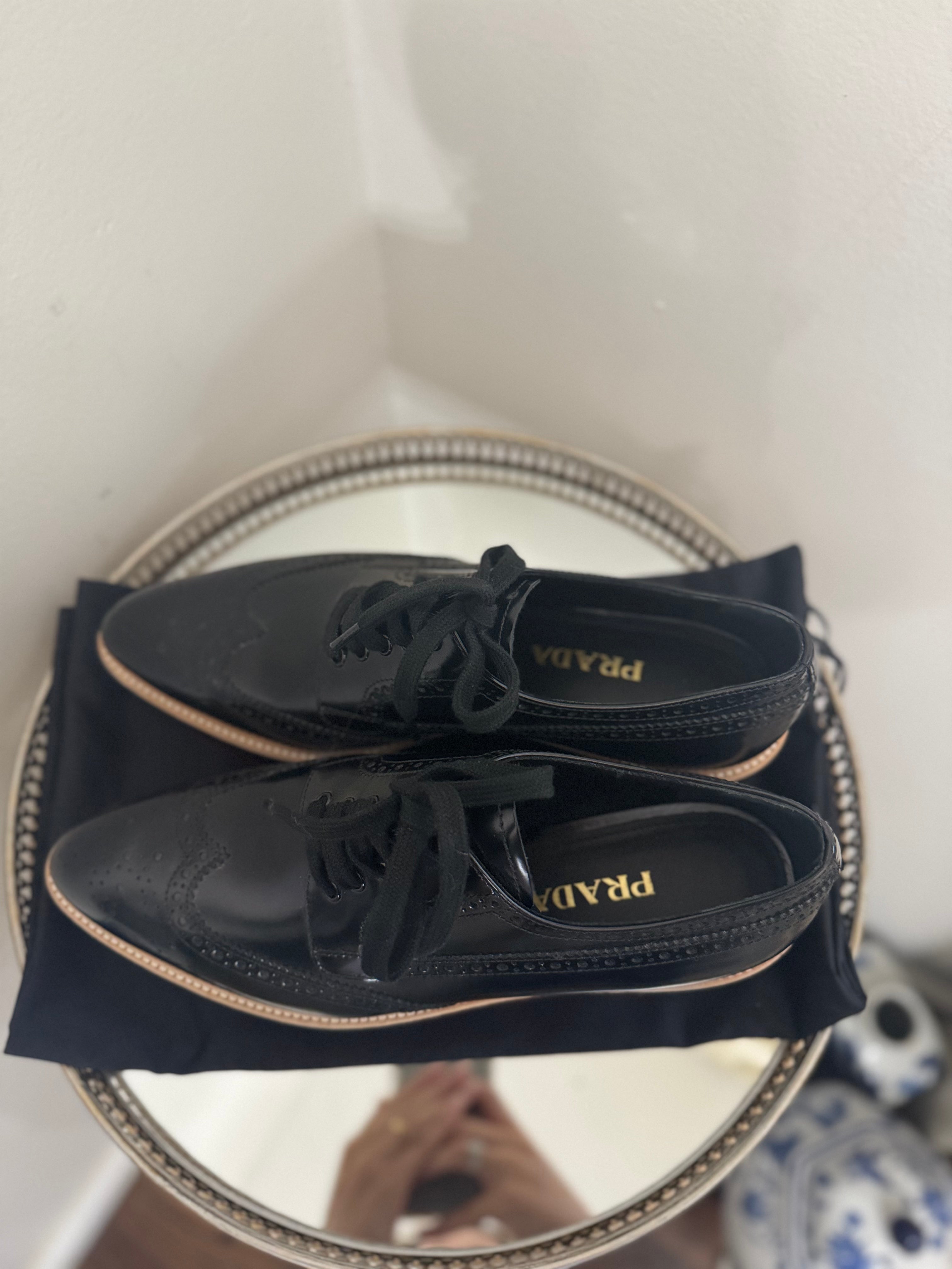 PRADA WINGTIP PLATFORM PATENT LEATHER DERBY SHOES