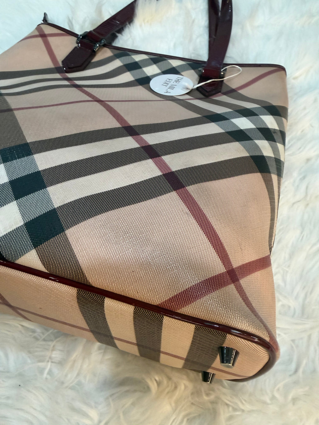 BURBERRY CHECK PRINT LONG TOTE IN CANVAS LEATHER