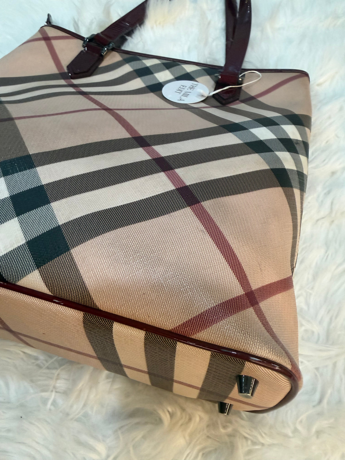 BURBERRY CHECK PRINT LONG TOTE IN CANVAS LEATHER