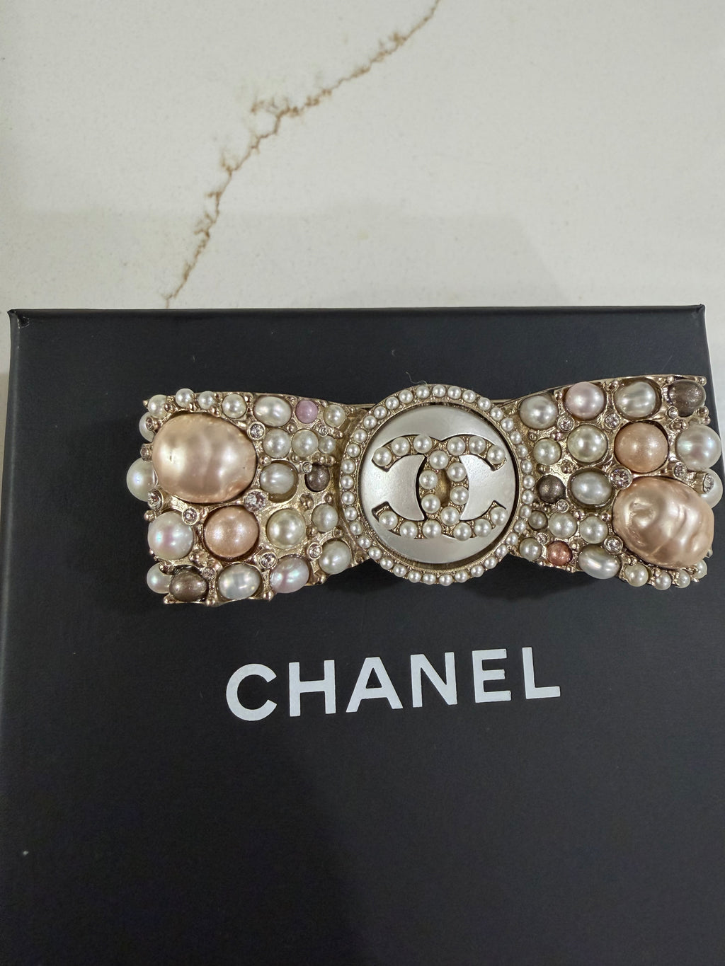 CHANEL BOW PEARL AND CHRYSTAL BROOCH