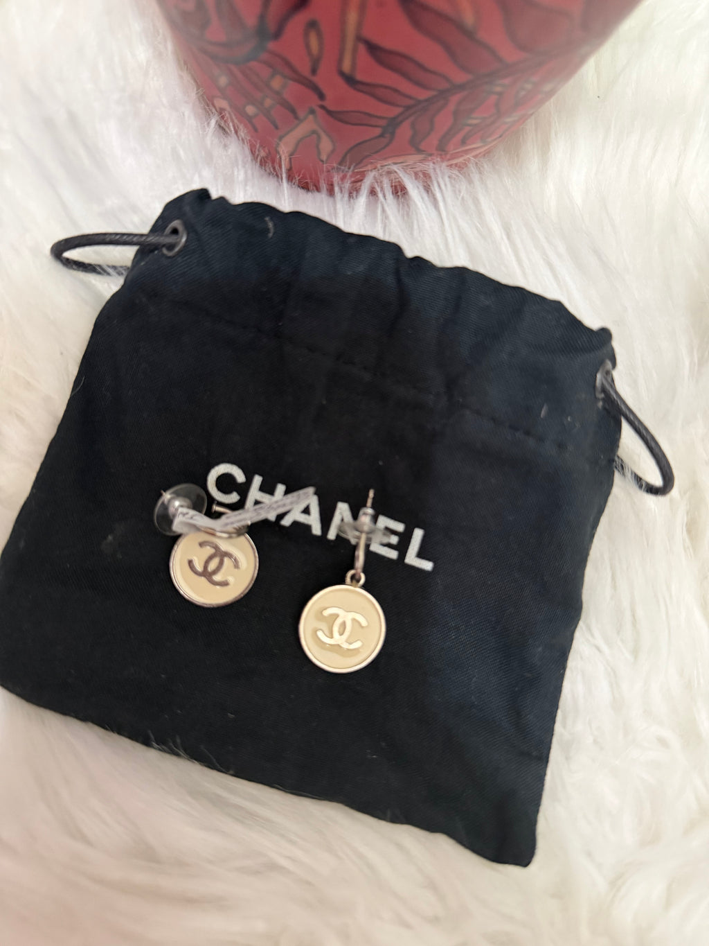 CHANEL ENAMEL CC CIRCLE DROP PIERCED EARRINGS
