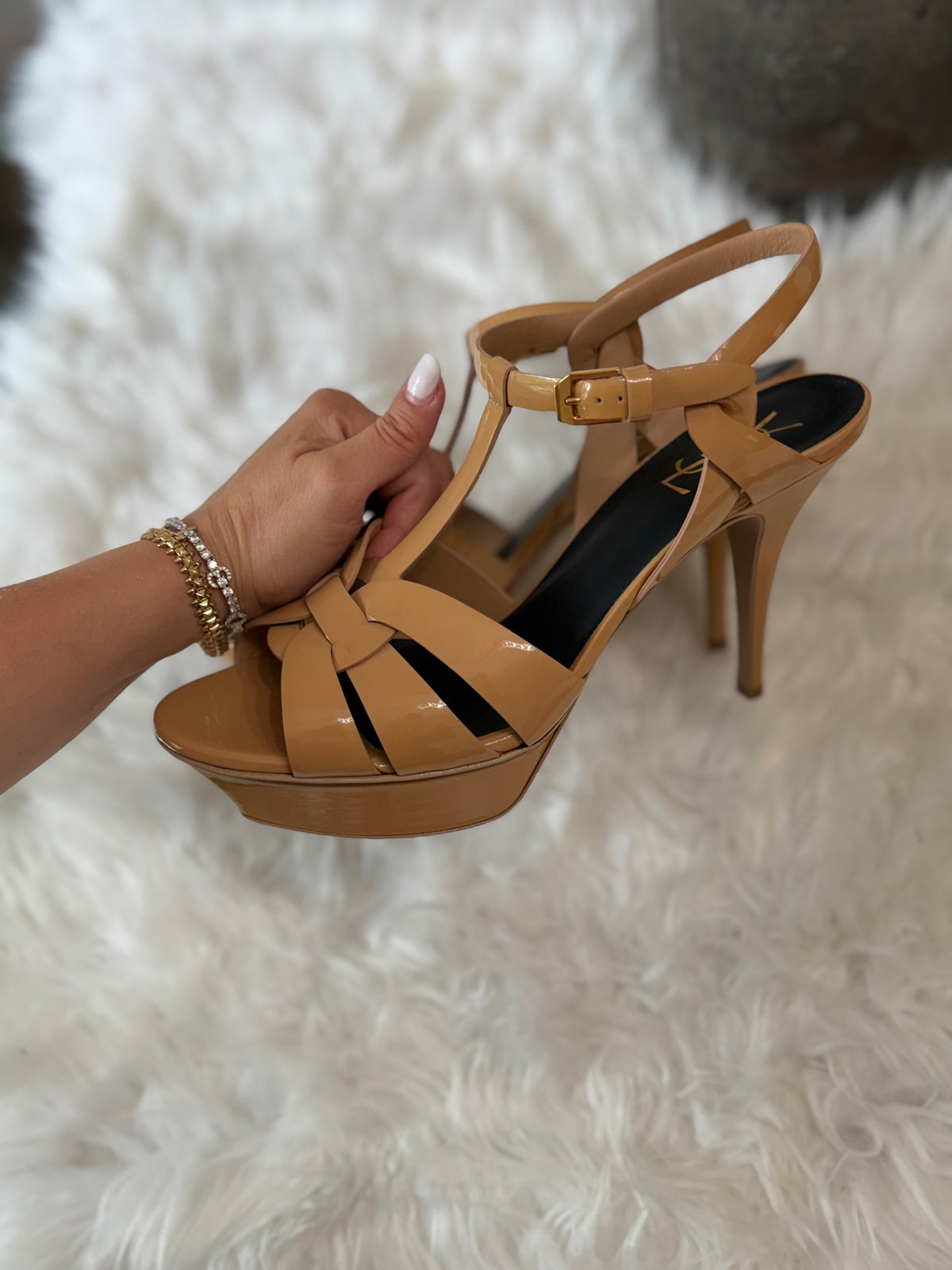 SAINT LAURENT TRIBUTE PATENT LEATHER PLATFORM SANDALS