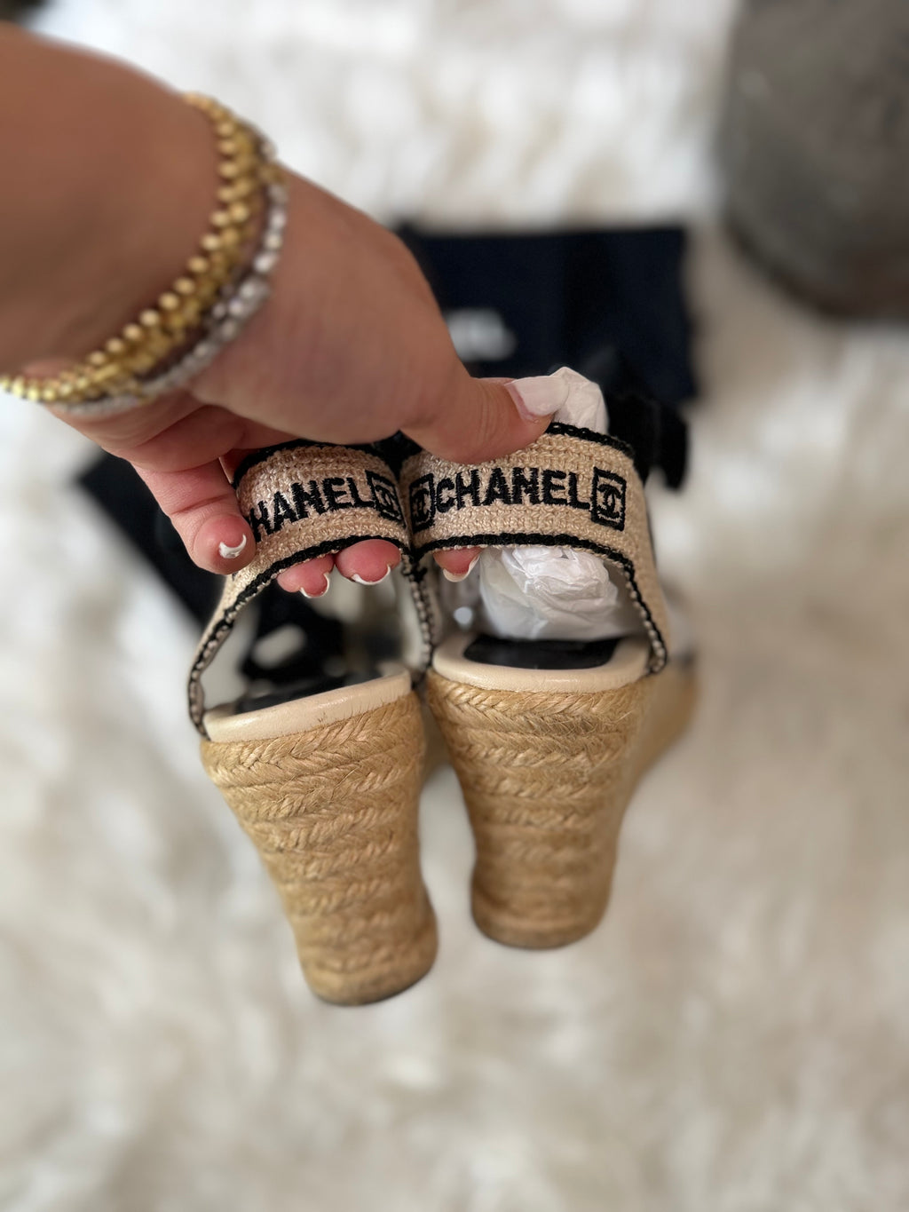 CHANEL CROCHET ESPEDRILLE WEDGES WITH BLACK TRIM