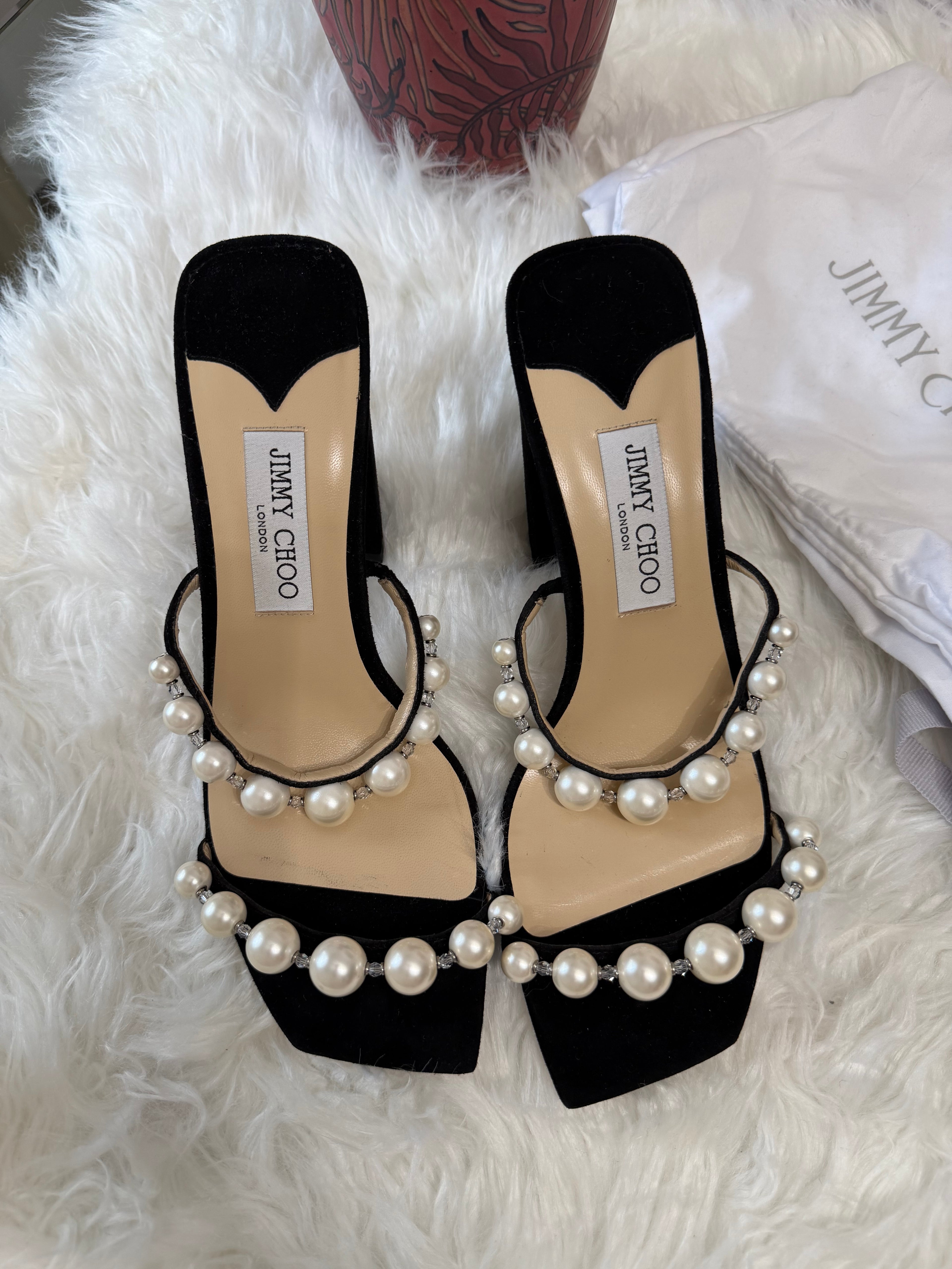 Jimmy Choo faux pearl accents suede heels