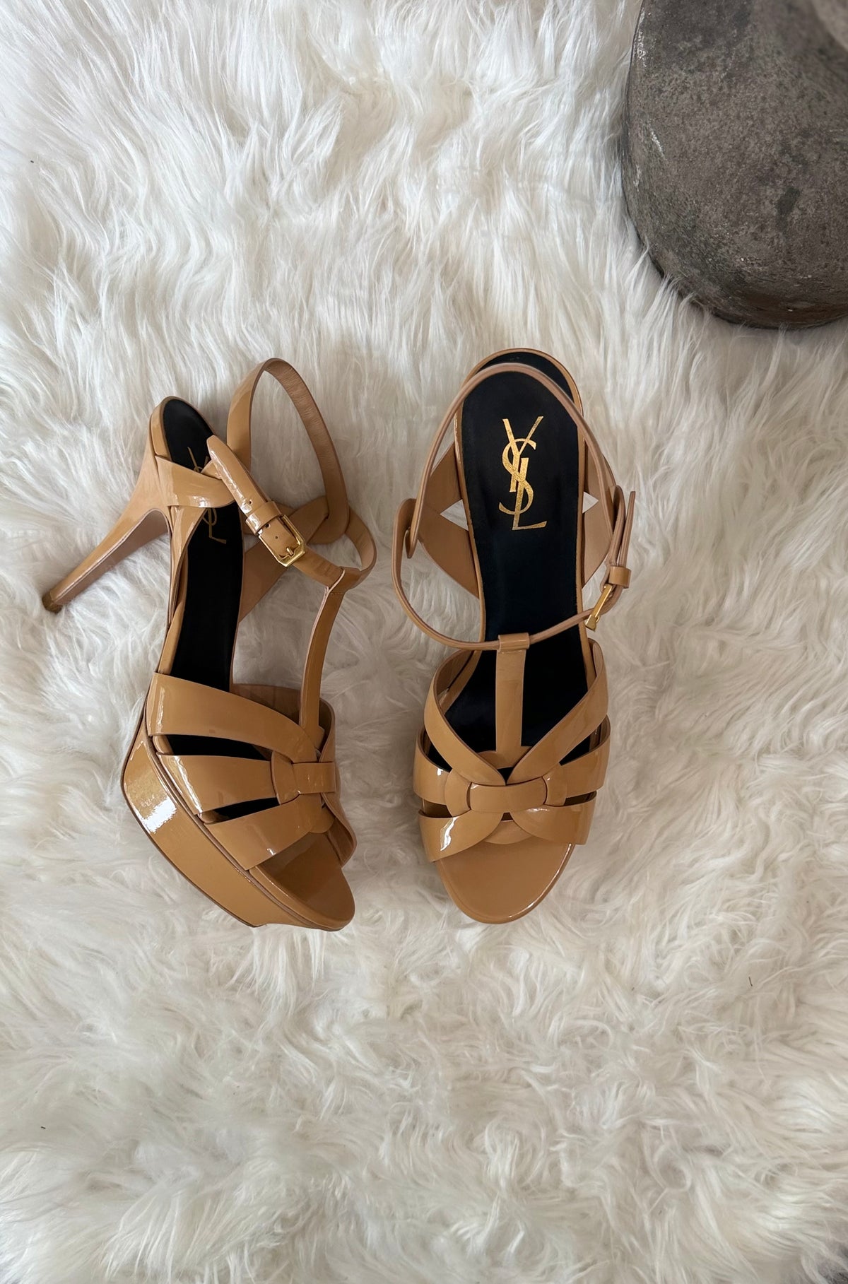 SAINT LAURENT TRIBUTE PATENT LEATHER PLATFORM SANDALS