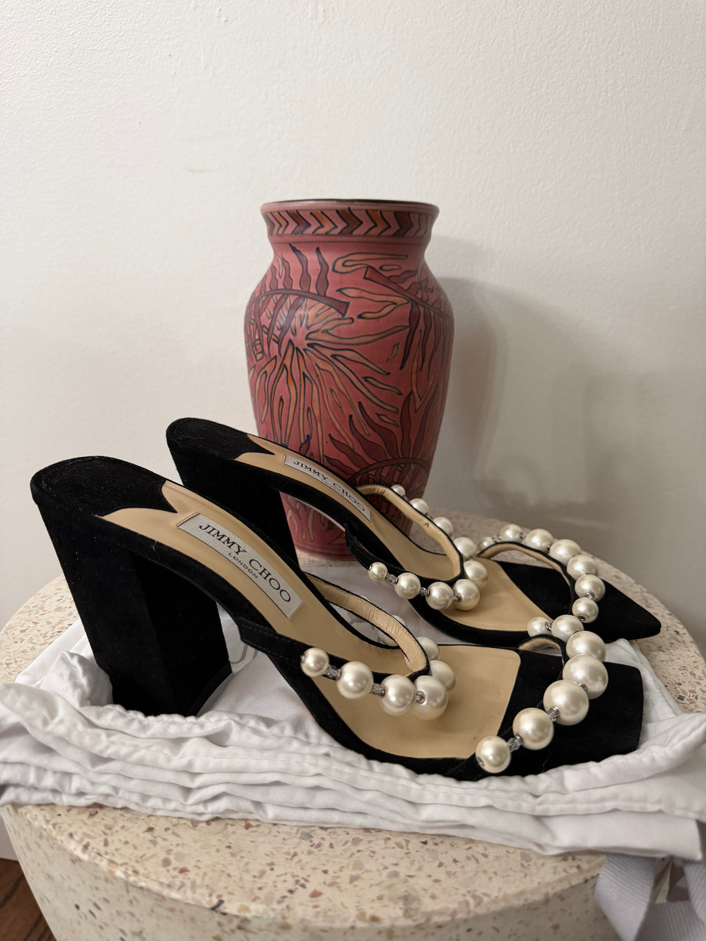 Jimmy Choo faux pearl accents suede heels