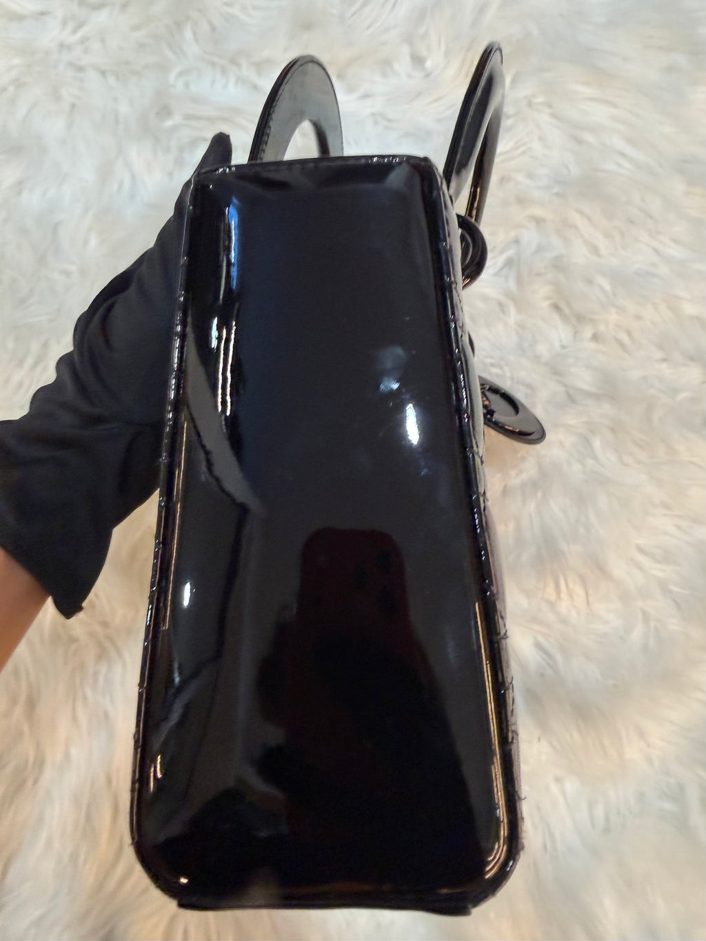 CHRISTIAN DIOR LADY DIOR SMALL BAG IN BLACK ON BLACK PATENT LEATHER