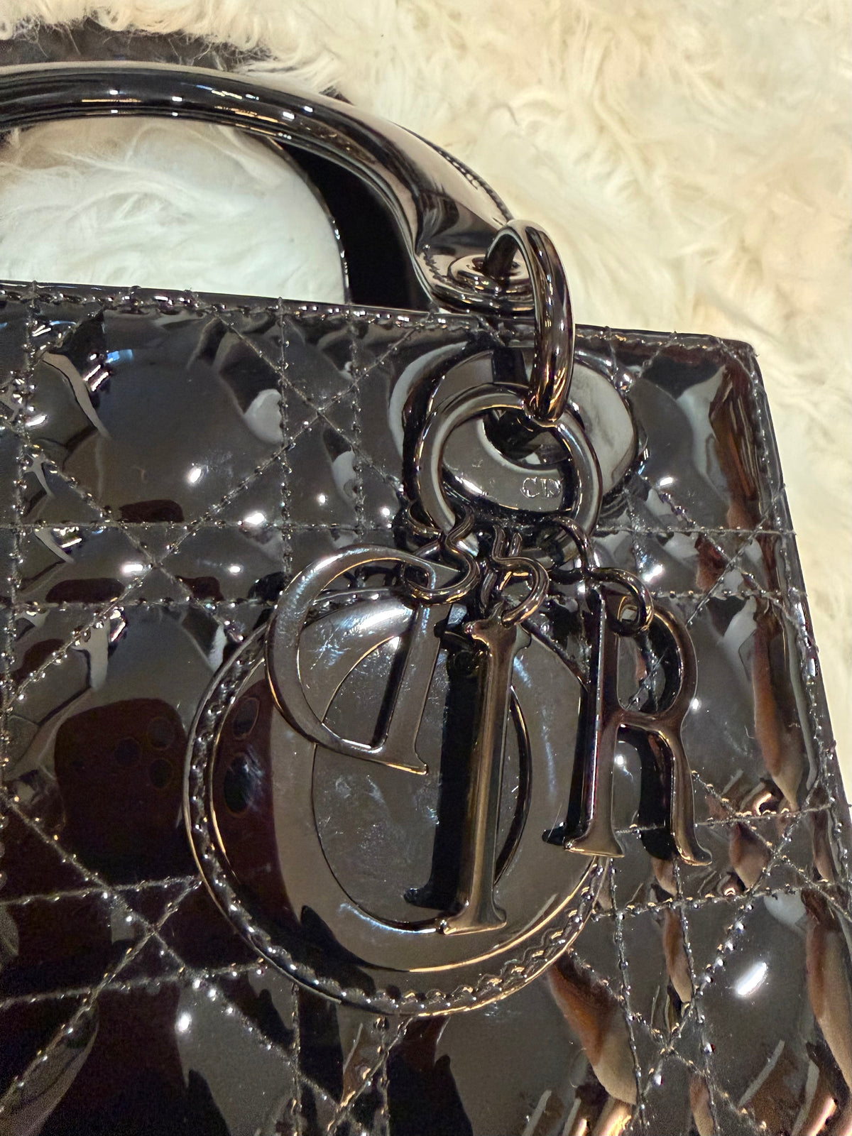 CHRISTIAN DIOR LADY DIOR SMALL BAG IN BLACK ON BLACK PATENT LEATHER
