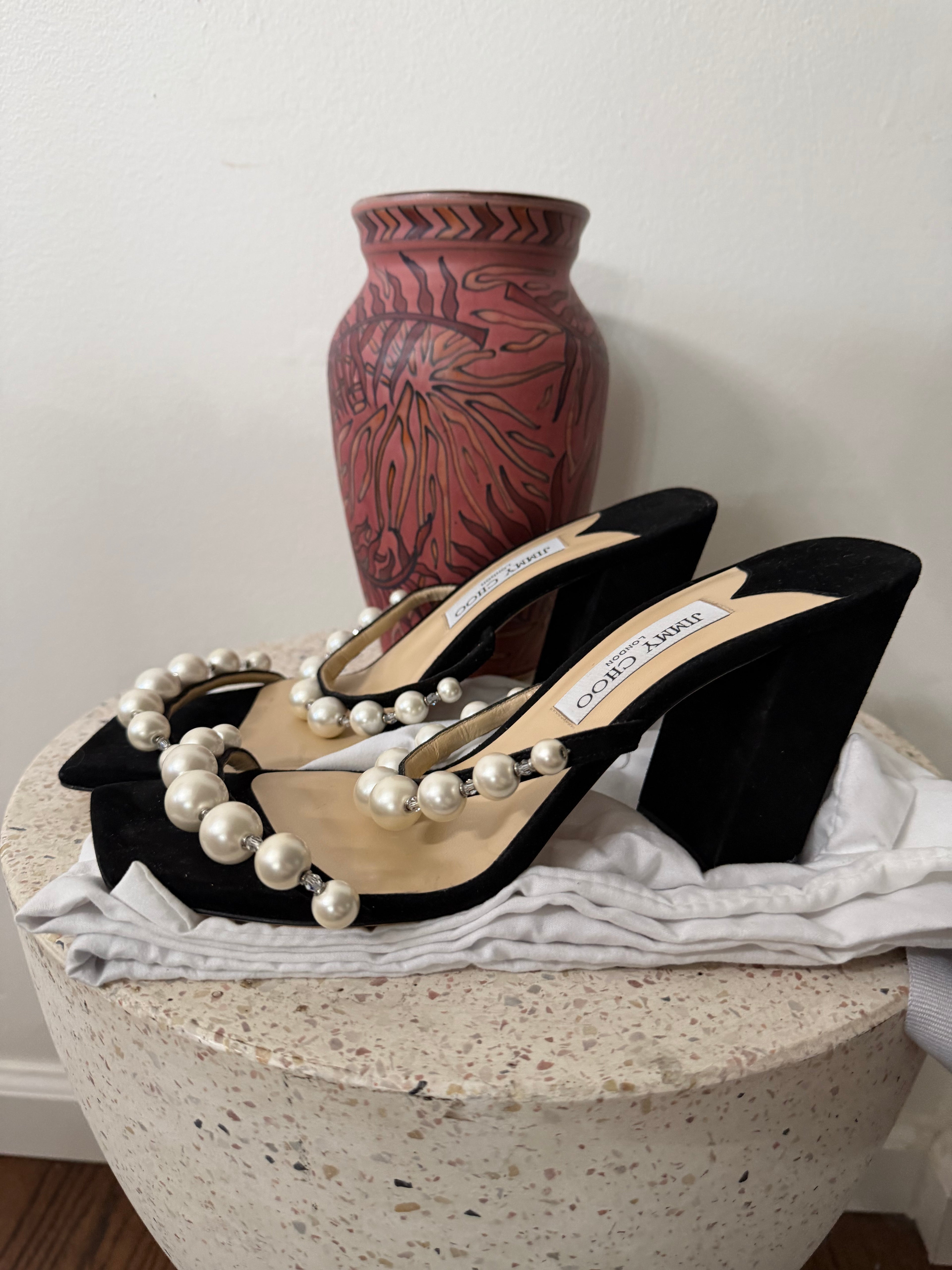 Jimmy Choo faux pearl accents suede heels