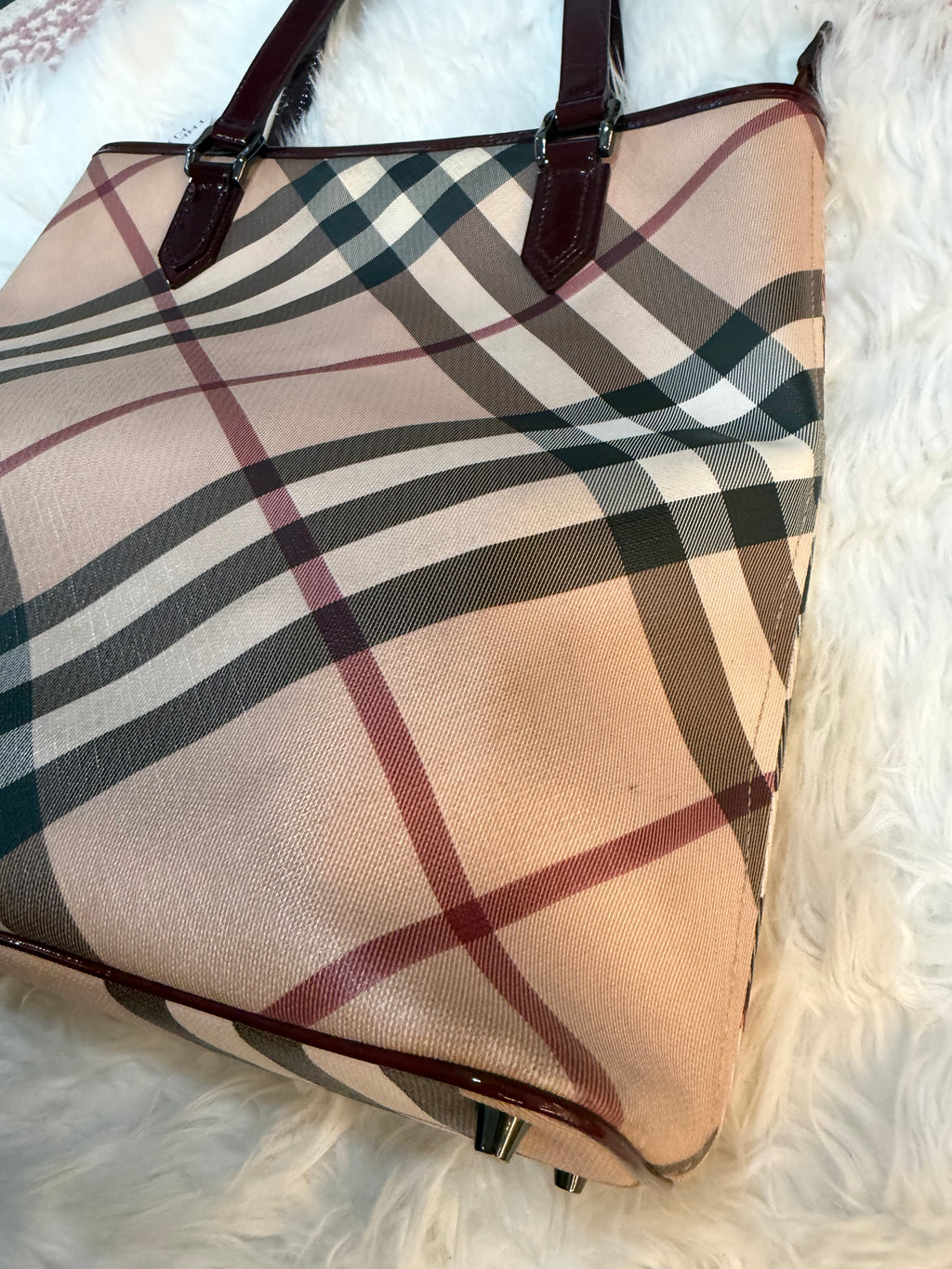BURBERRY CHECK PRINT LONG TOTE IN CANVAS LEATHER