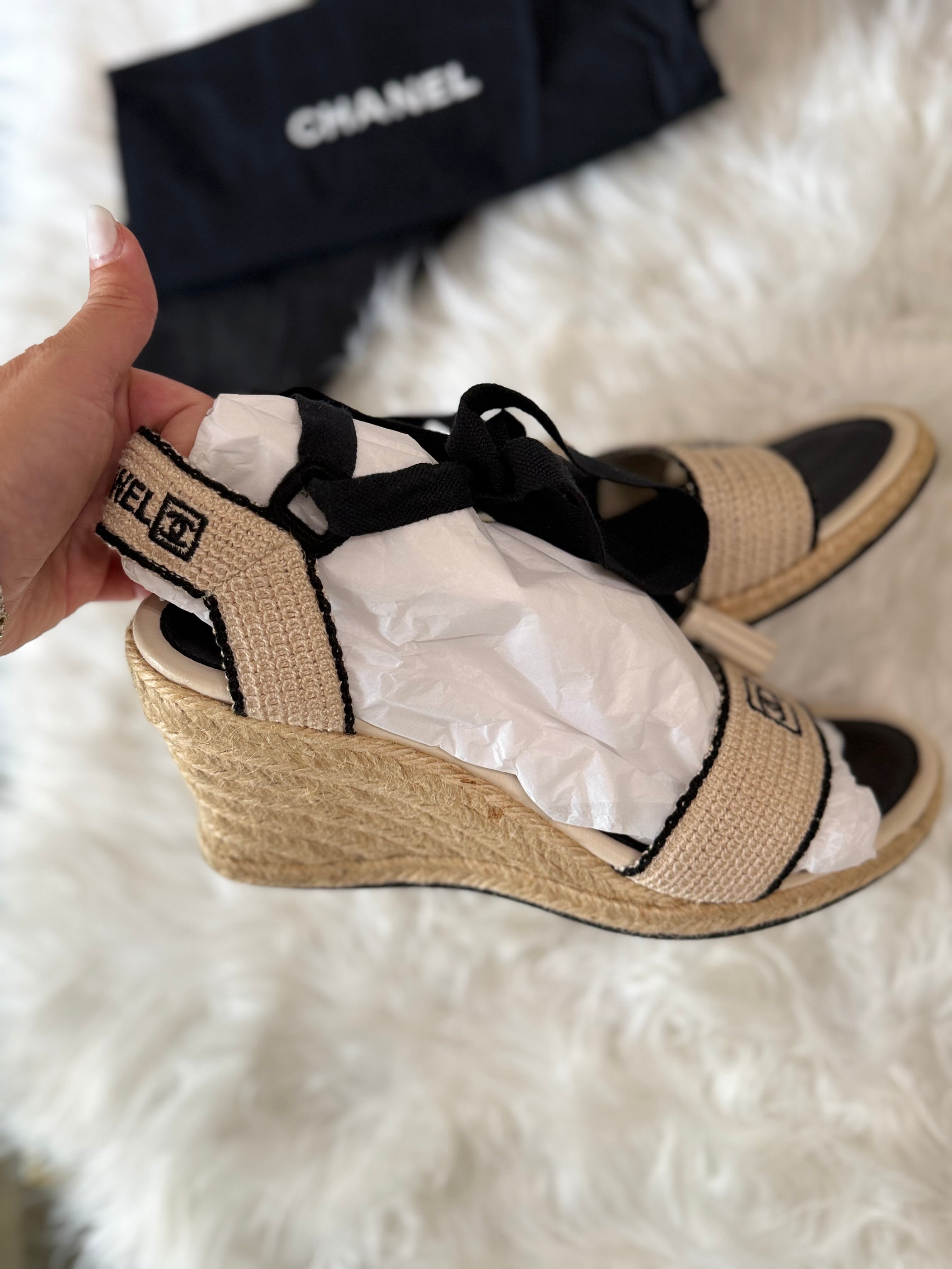 CHANEL CROCHET ESPEDRILLE WEDGES WITH BLACK TRIM