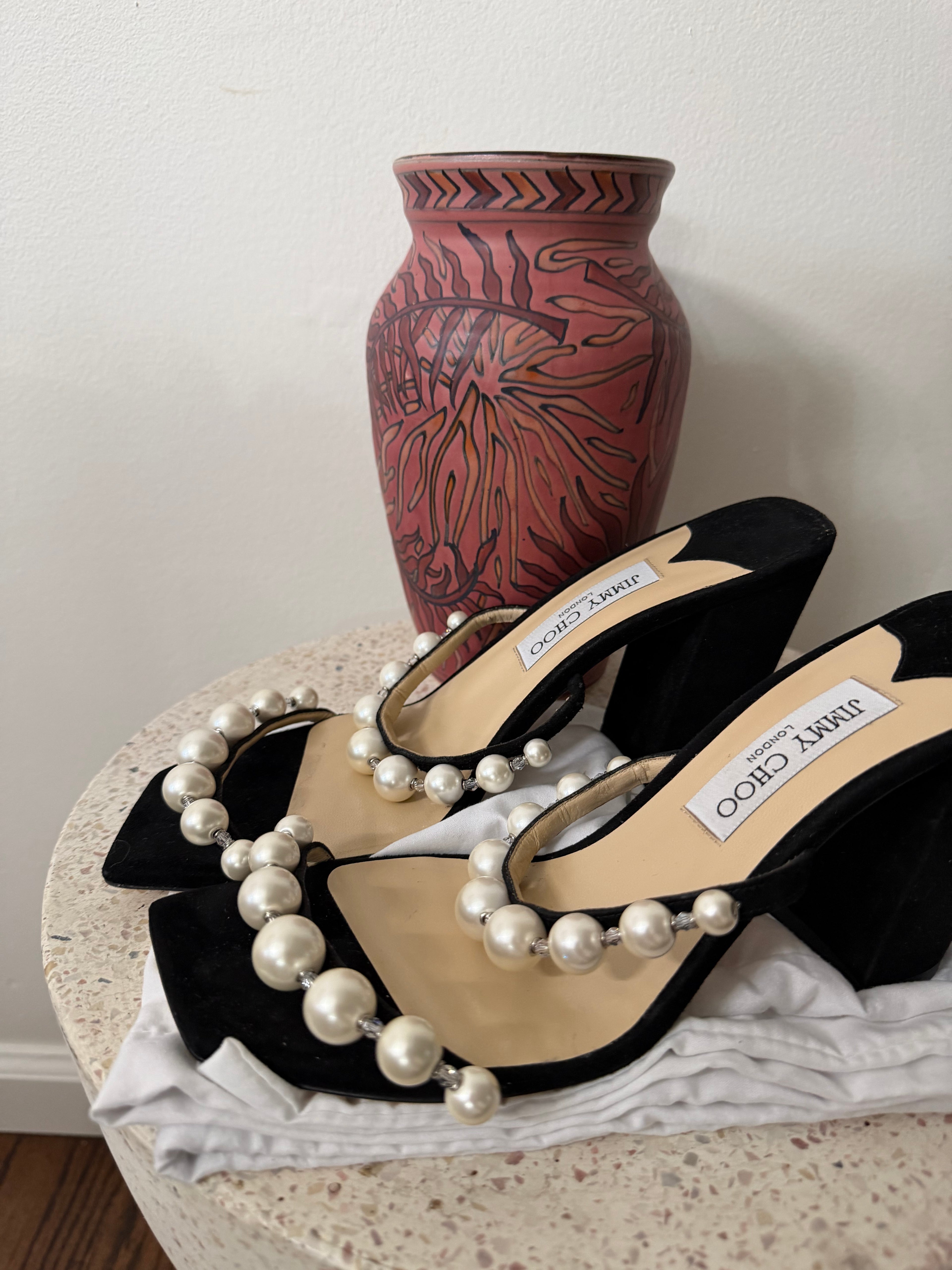 Jimmy Choo faux pearl accents suede heels