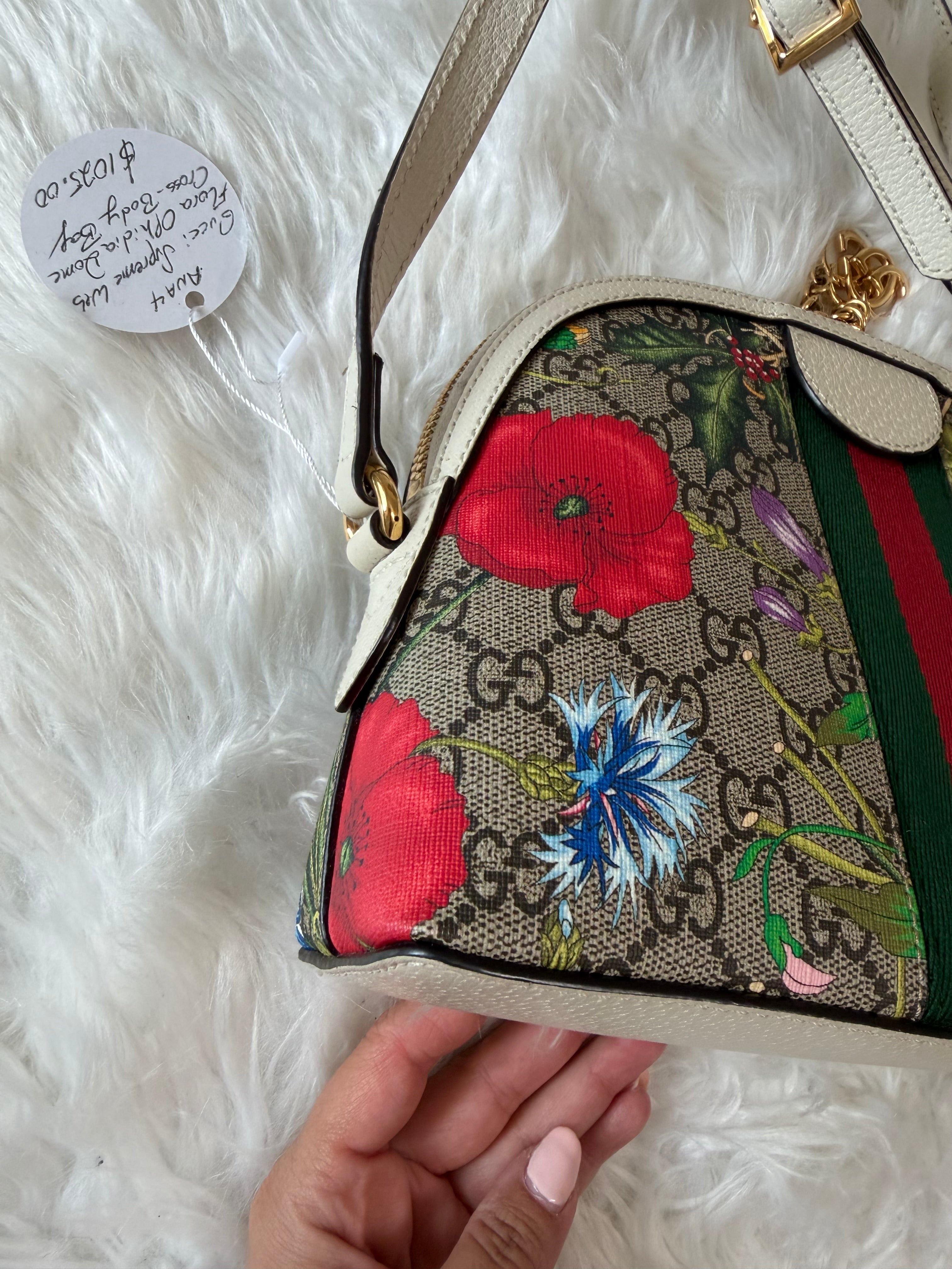 GUCCI SMALL GG SUPREME WEB FLORA OPHIDIA DOME CROSSBODY BAG