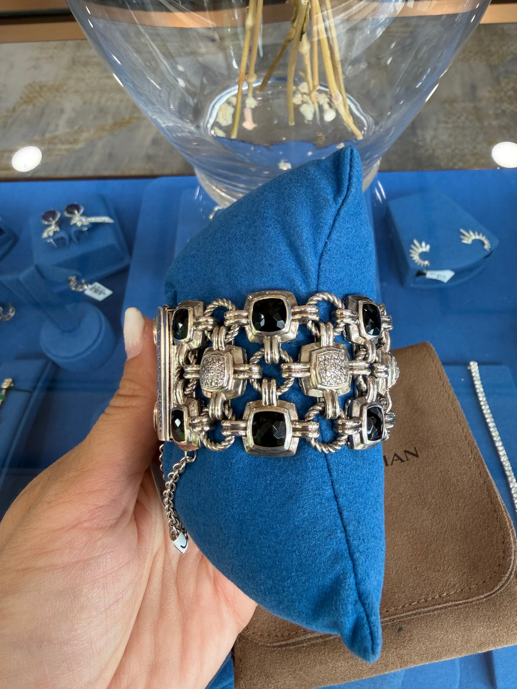 DAVID YURMAN 3 ROW RENAISSANCE COLLECTION LINK BRACELET WITH BLACK ONYX STONES AND DIAMONDS
