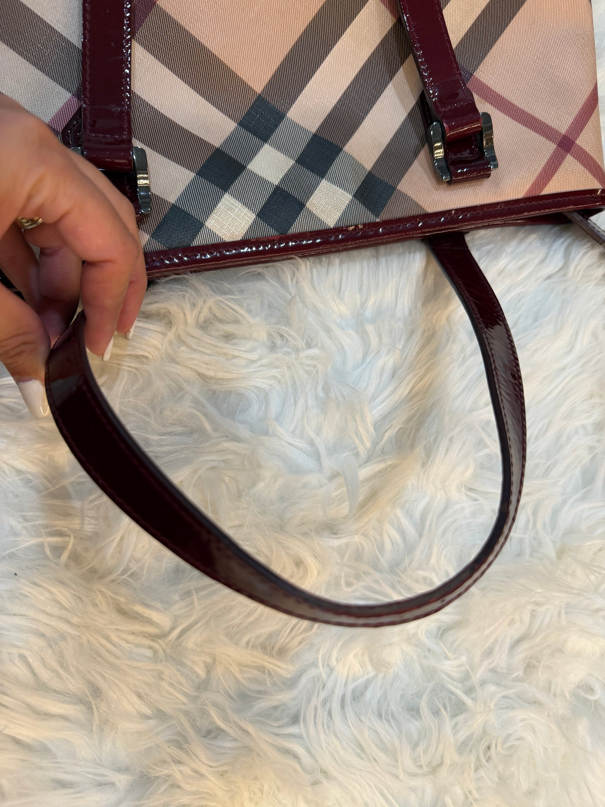 BURBERRY CHECK PRINT LONG TOTE IN CANVAS LEATHER