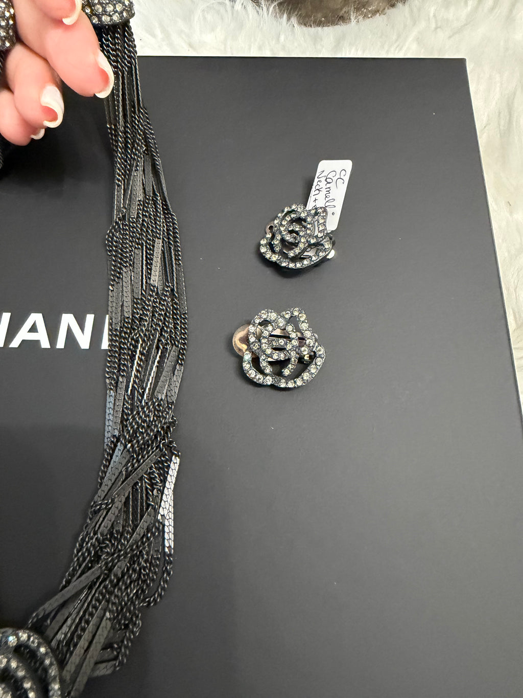 CHANEL RUTHENIUM MULTI STRAND CHAIN CC WITH CAMELLIA FLOWER NECKLACE AND EARRINGS ( SET )