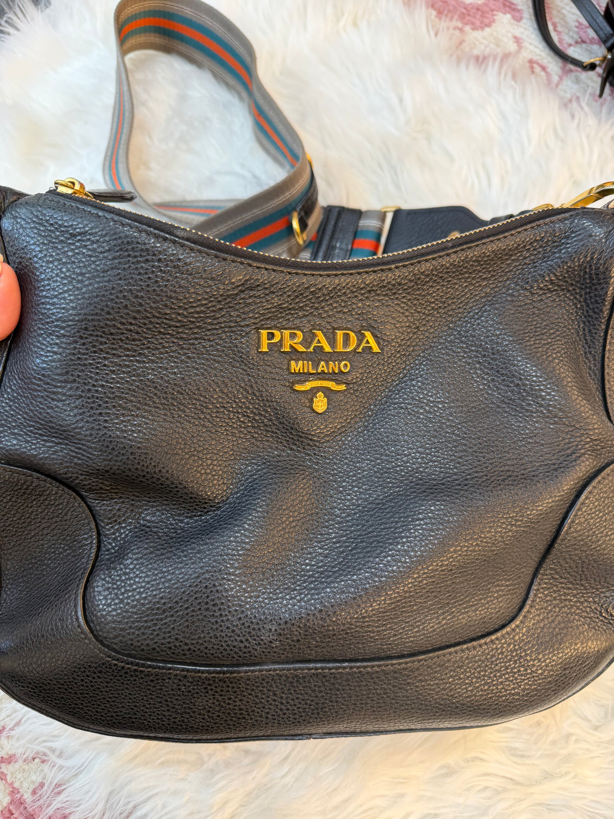 PRADA PEBBLED LEATHER HOBO BAG