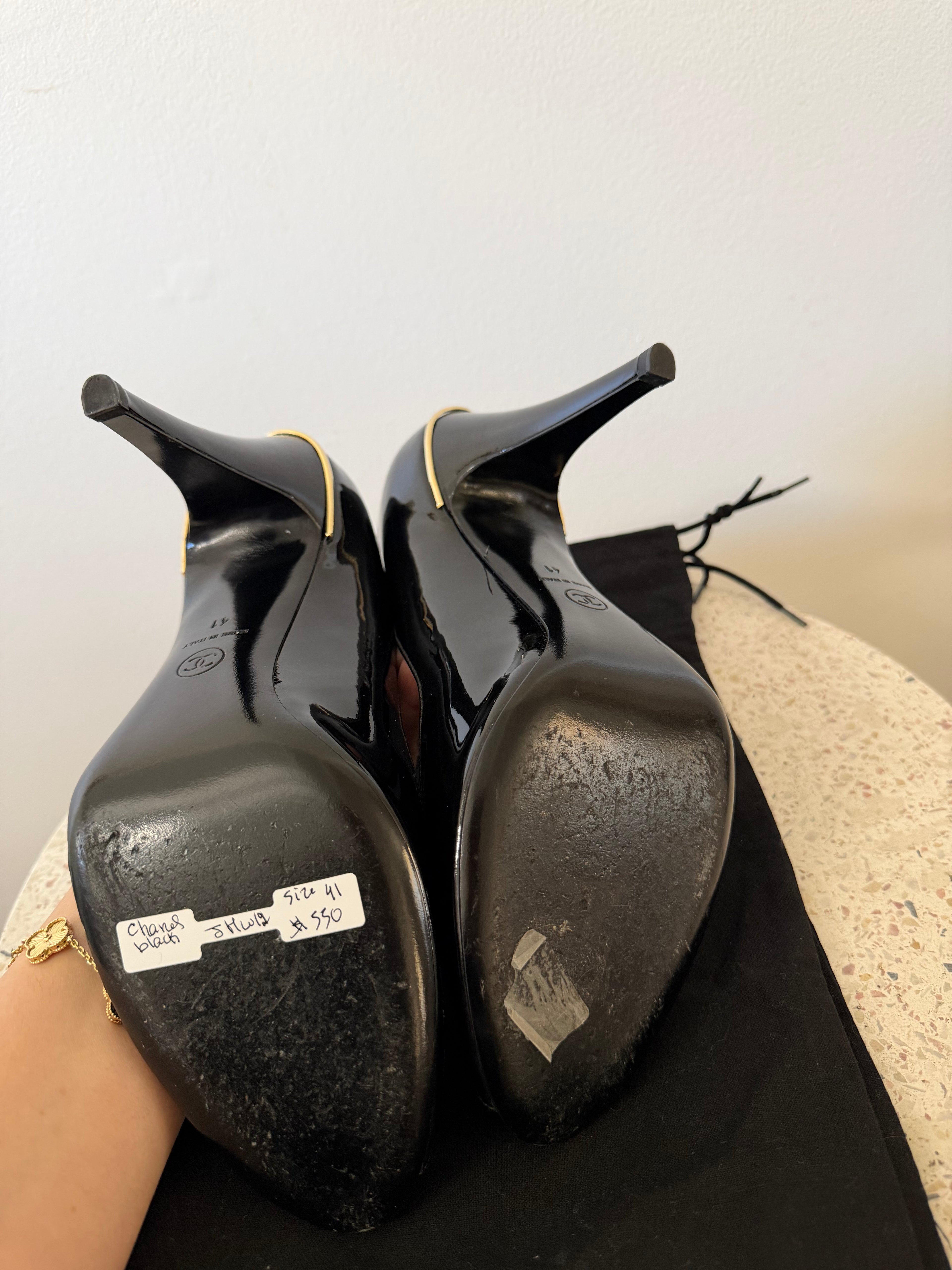 CHANEL CC PATENT LEATHER PEEP TOE PUMPS