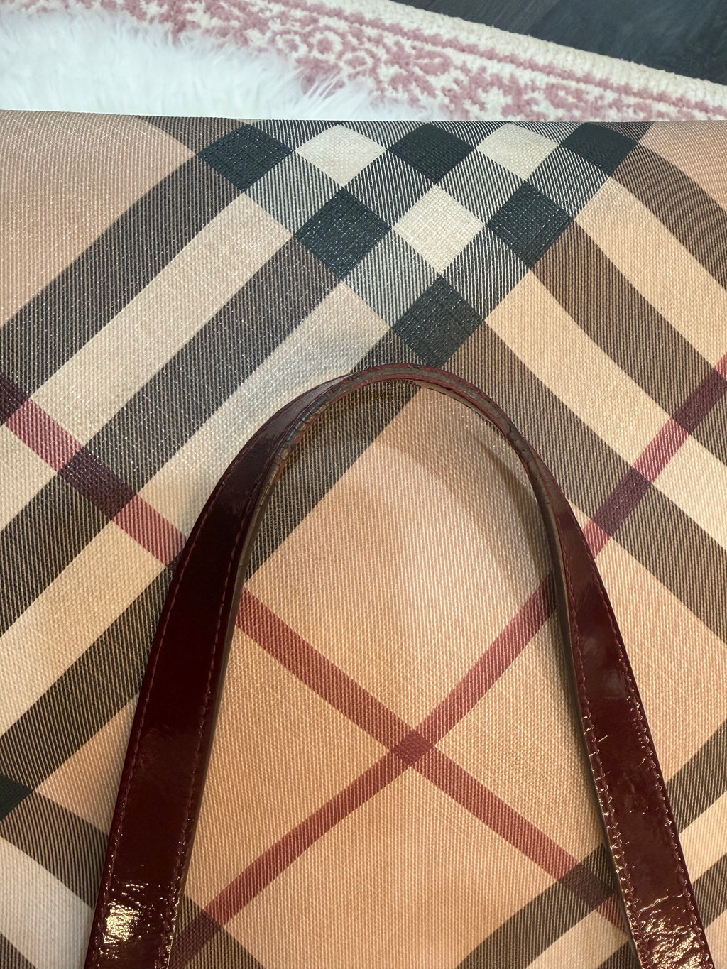 BURBERRY CHECK PRINT LONG TOTE IN CANVAS LEATHER