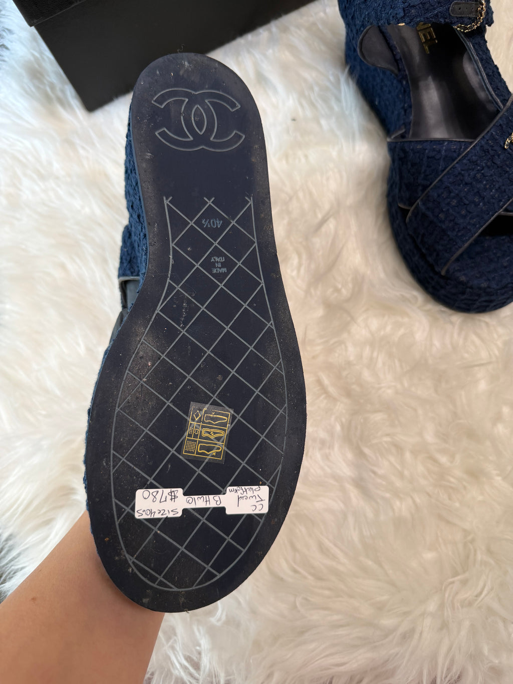 CHANEL TWEED QUILTED CC PLATFORM SANDALS