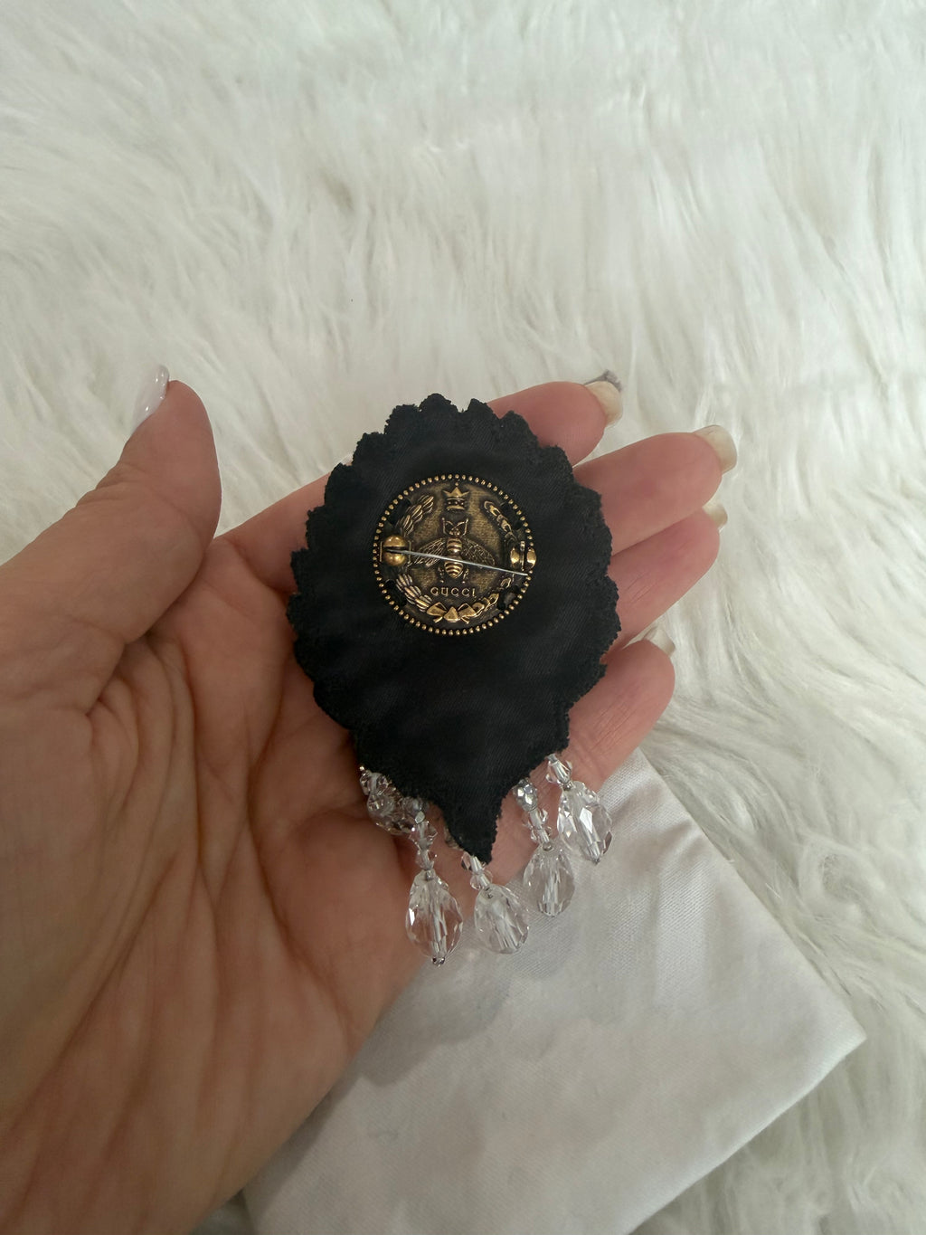 GUCCI CRYSTAL AND BEAD G BROOCH