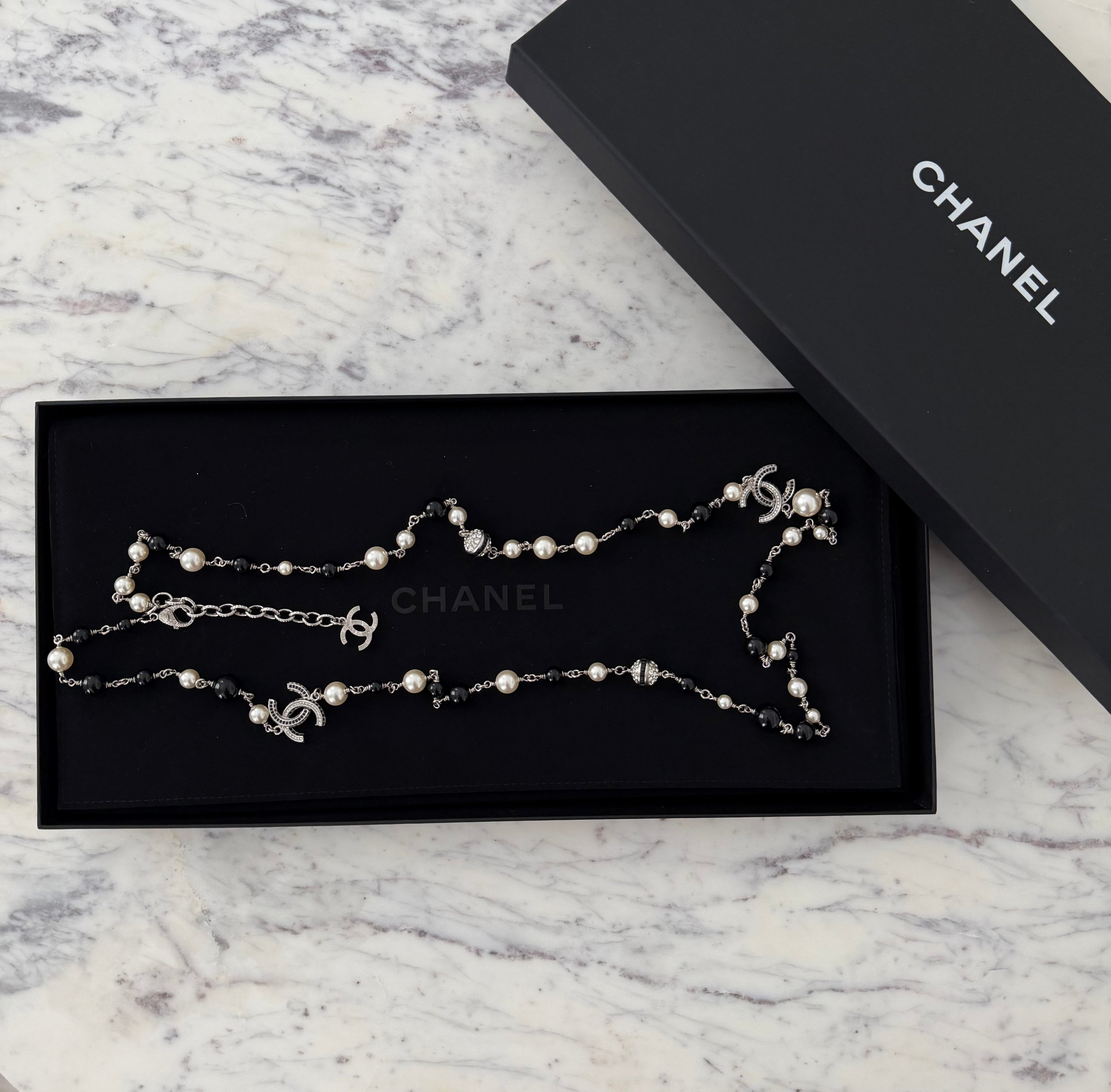 Chanel Pearl and Crystal bead CC Long necklace