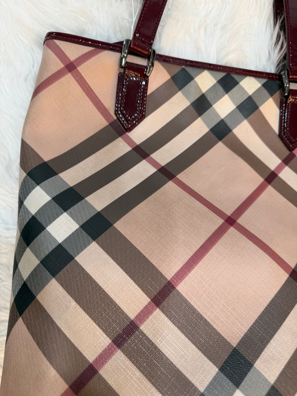 BURBERRY CHECK PRINT LONG TOTE IN CANVAS LEATHER