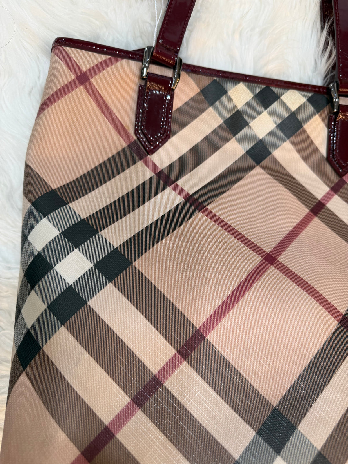 BURBERRY CHECK PRINT LONG TOTE IN CANVAS LEATHER