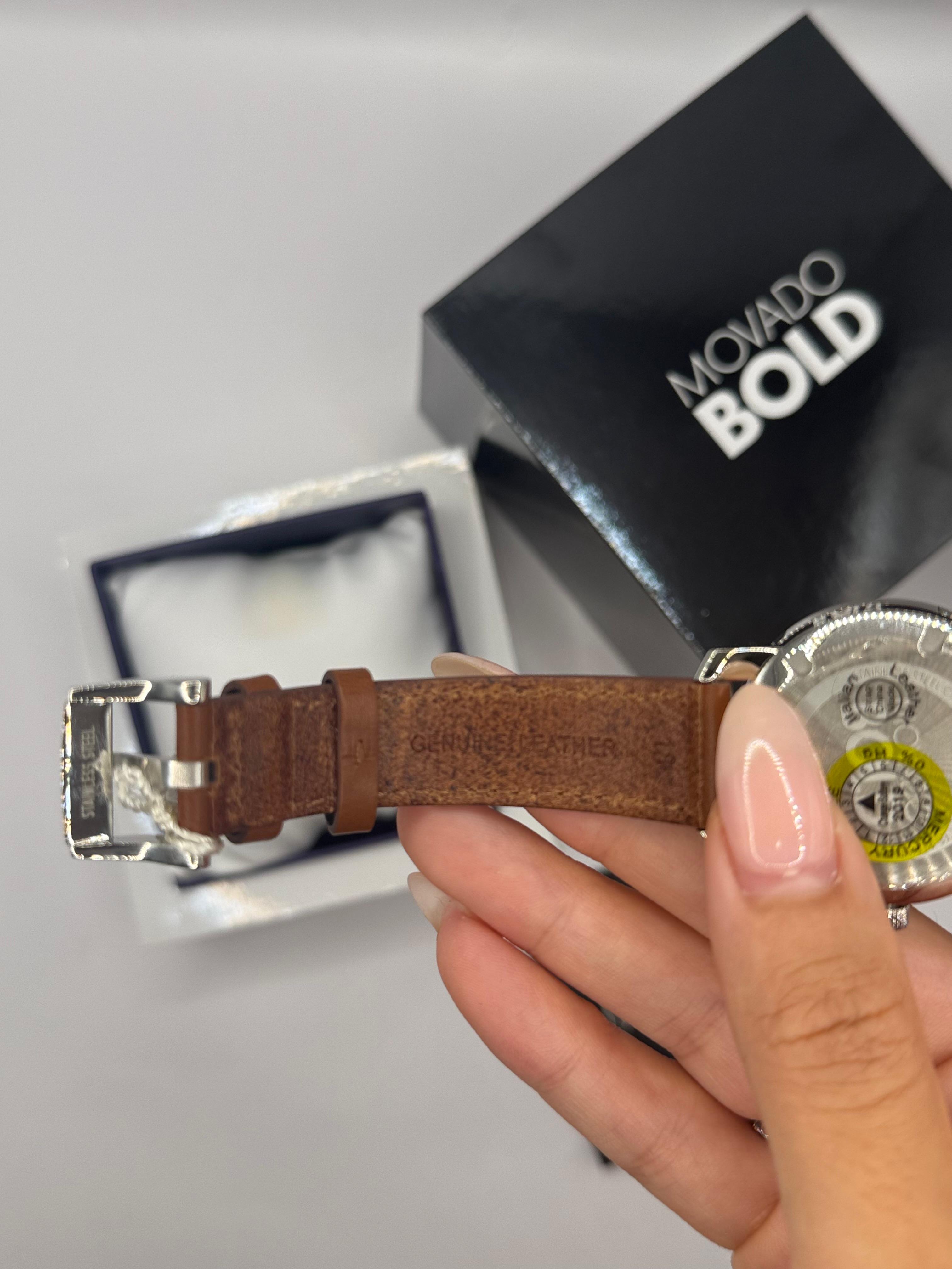 Movado Swiss Cognac Leather Strap silver round face