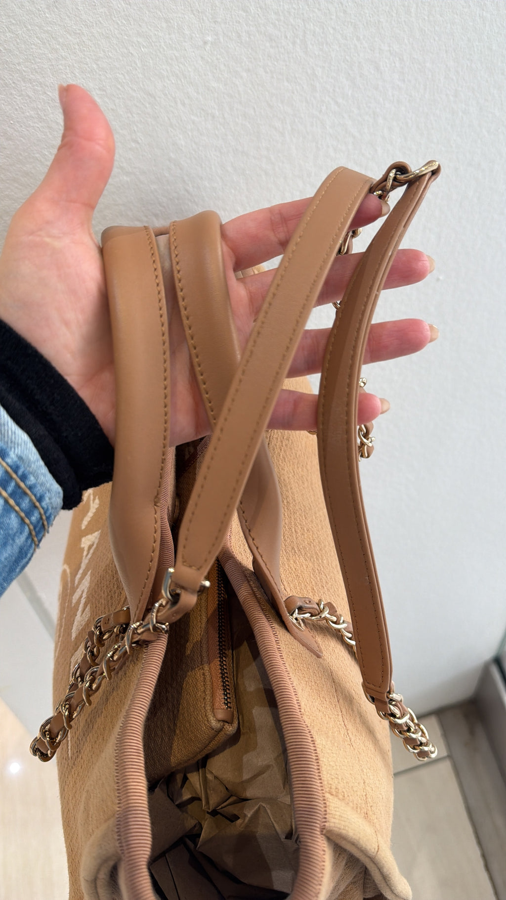 Chanel Medium Deauville tote bag in mixed fibers with gold-tone chain and leather handles