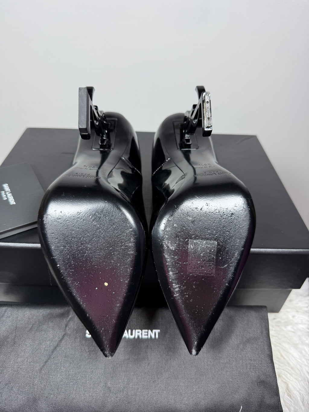 SAINT LAURENT OPYUM BLACK PATENT POINTED TOE PUMPS
