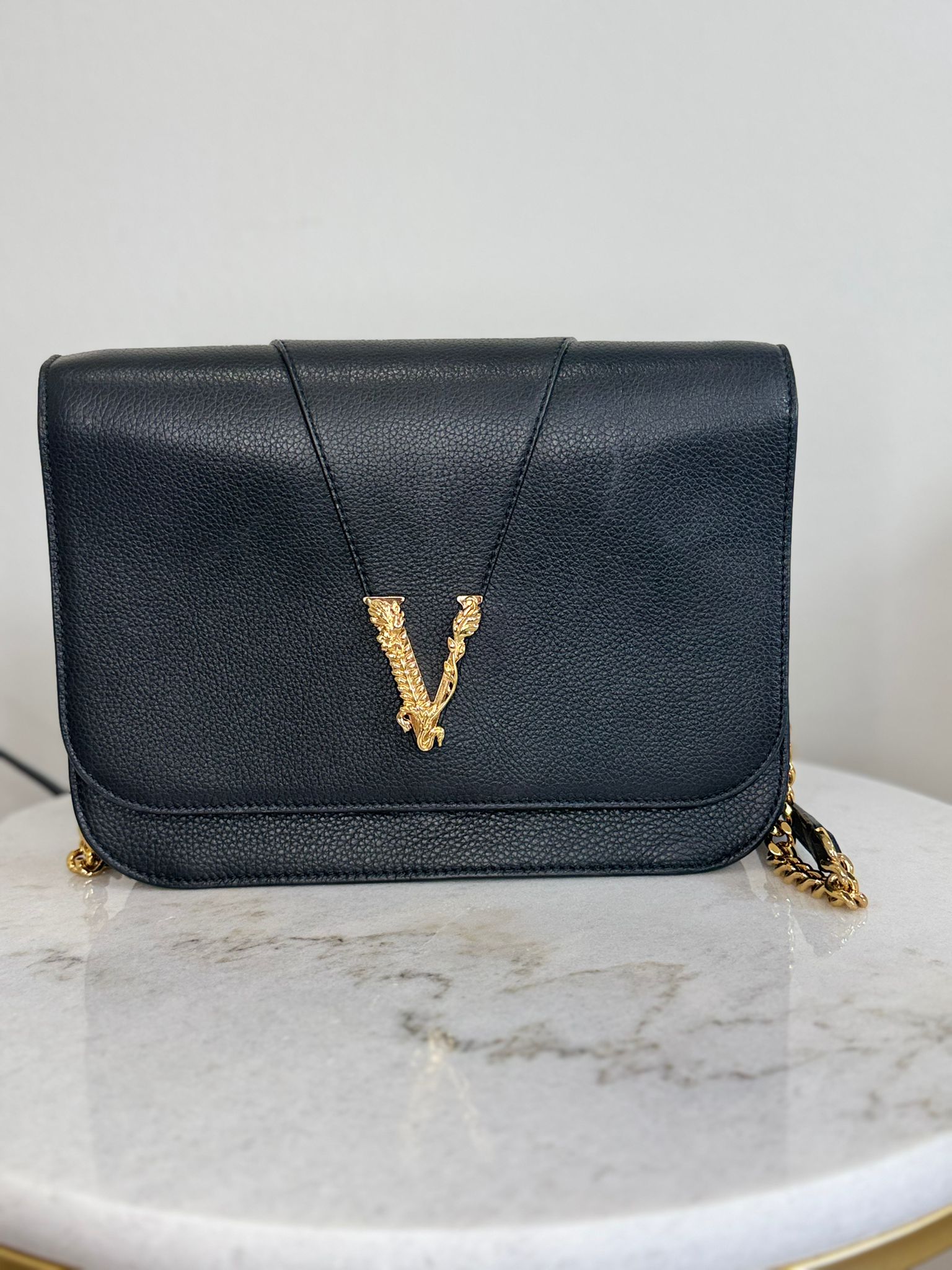 Versace Chain Virtus Leather Logo Crossbody