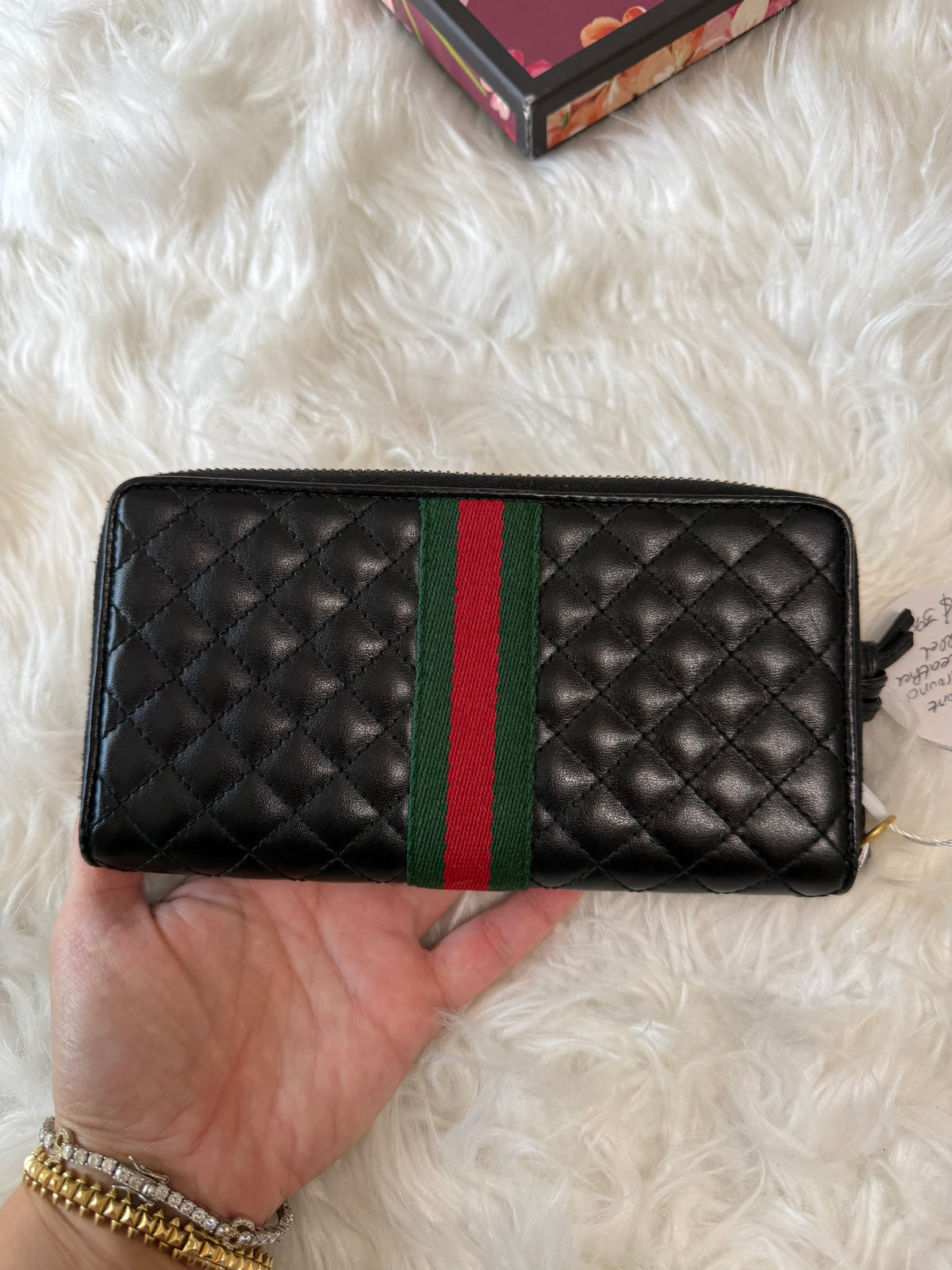 GUCCI MERMONT WEB ZIP AROUND QUILTED LEATHER WALLET