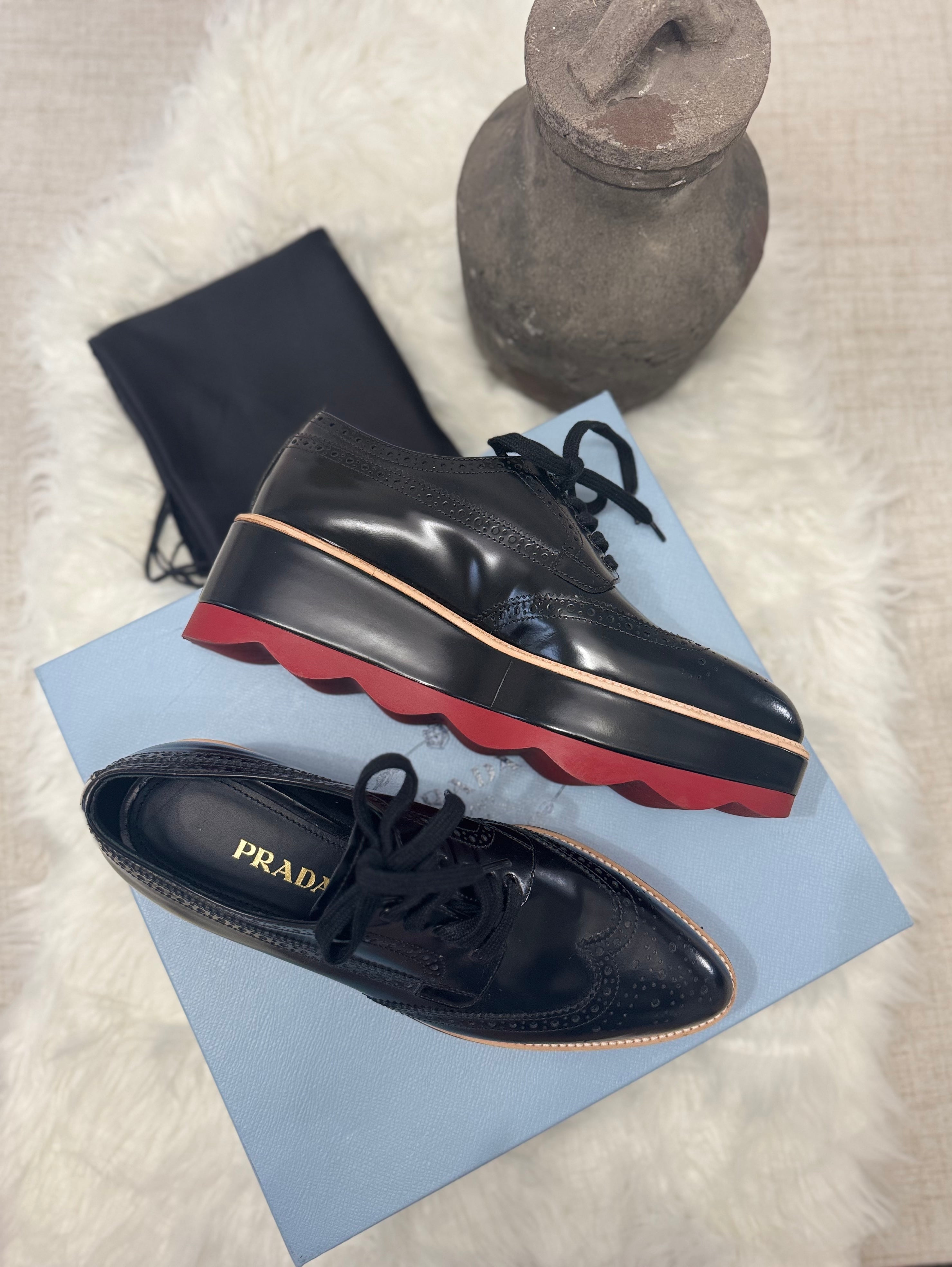 PRADA WINGTIP PLATFORM PATENT LEATHER DERBY SHOES