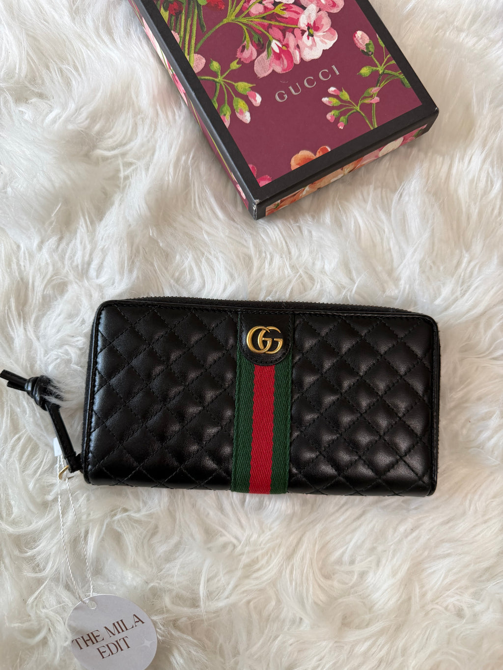 GUCCI MERMONT WEB ZIP AROUND QUILTED LEATHER WALLET