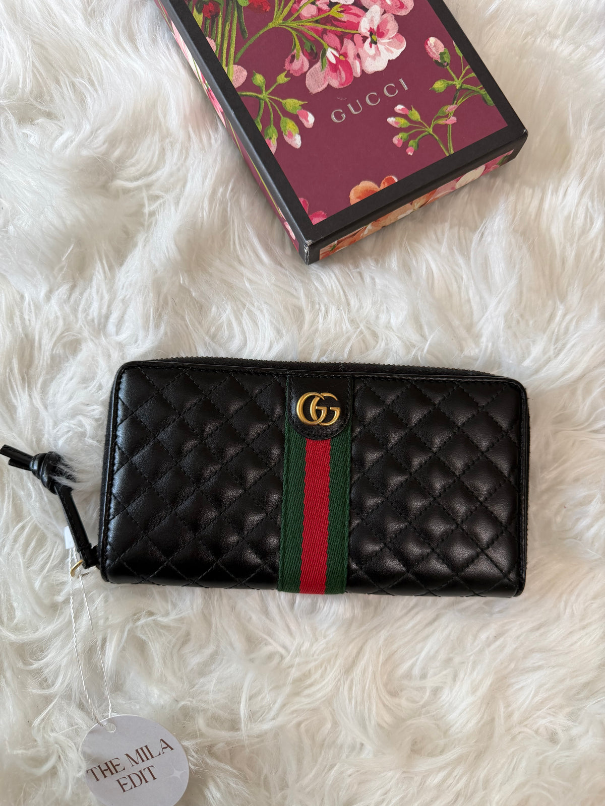 GUCCI MERMONT WEB ZIP AROUND QUILTED LEATHER WALLET