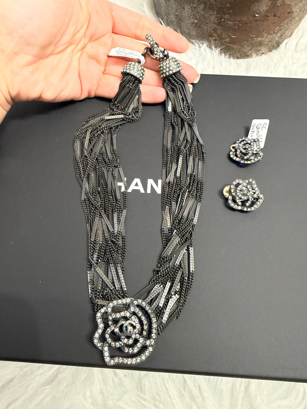CHANEL RUTHENIUM MULTI STRAND CHAIN CC WITH CAMELLIA FLOWER NECKLACE AND EARRINGS ( SET )
