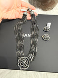 CHANEL RUTHENIUM MULTI STRAND CHAIN CC WITH CAMELLIA FLOWER NECKLACE AND EARRINGS ( SET )