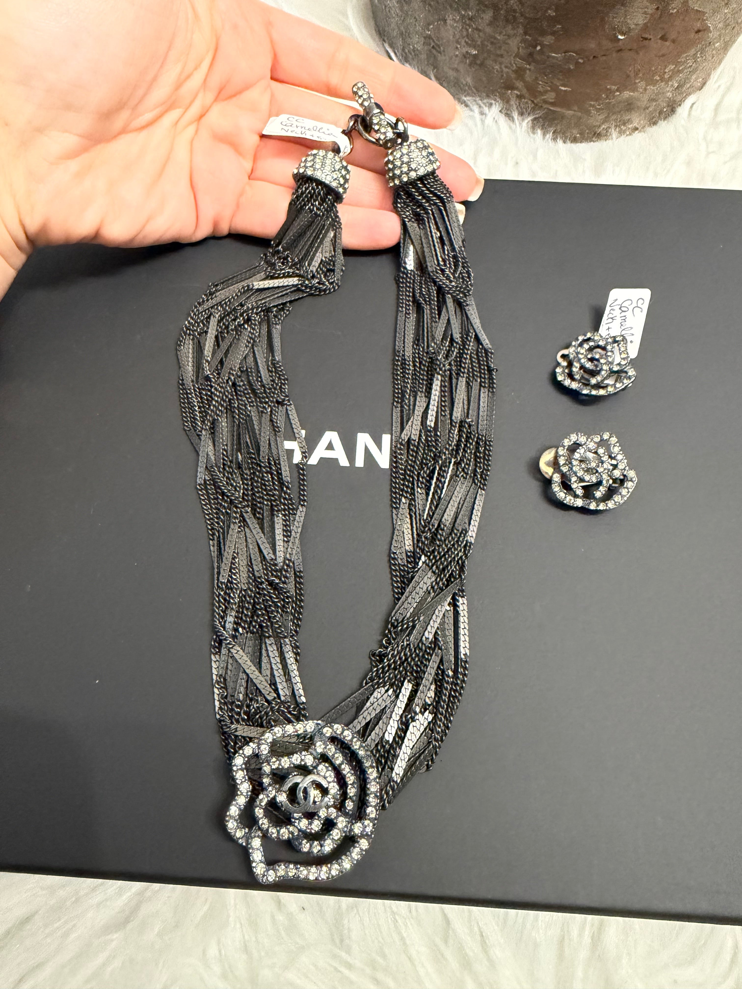 CHANEL RUTHENIUM MULTI STRAND CHAIN CC WITH CAMELLIA FLOWER NECKLACE AND EARRINGS ( SET )
