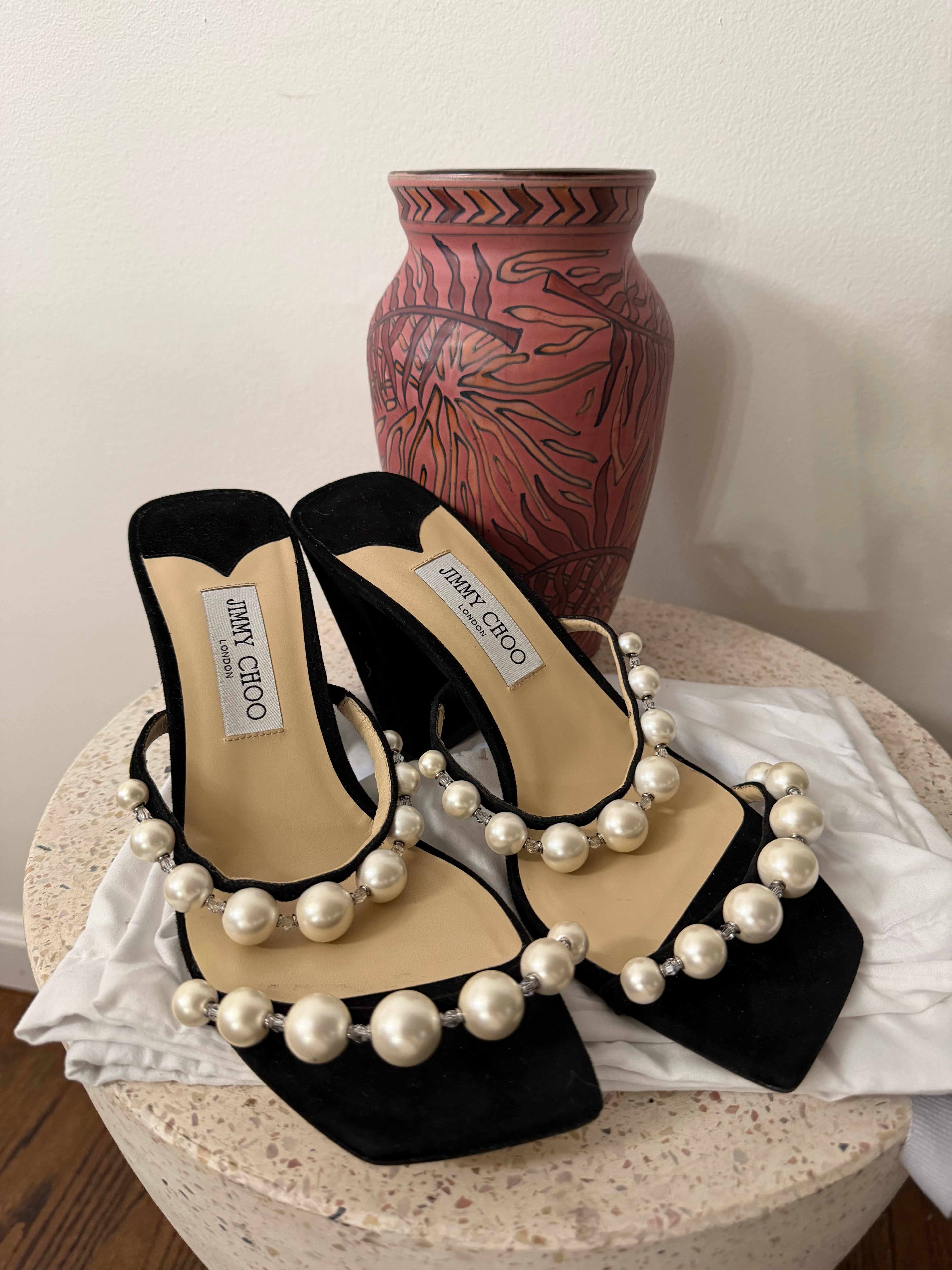 Jimmy Choo faux pearl accents suede heels
