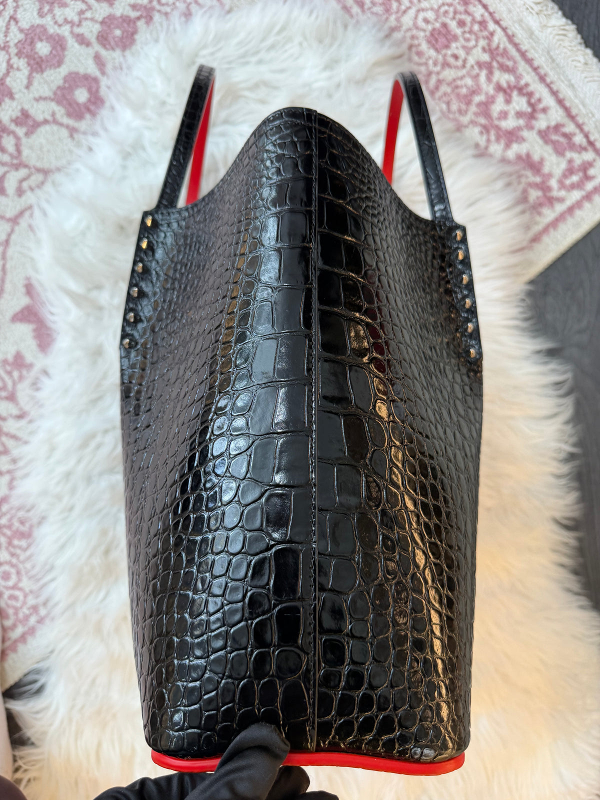 CHRISTIAN LOUBOUTIN CABATA CROC EMBOSSED LEATHER TOTE BAG