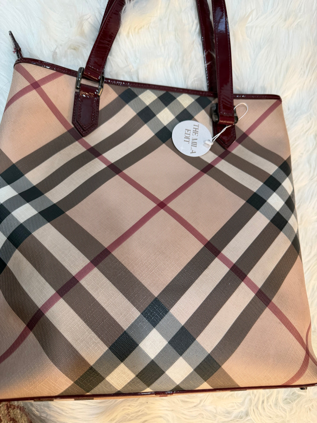BURBERRY CHECK PRINT LONG TOTE IN CANVAS LEATHER
