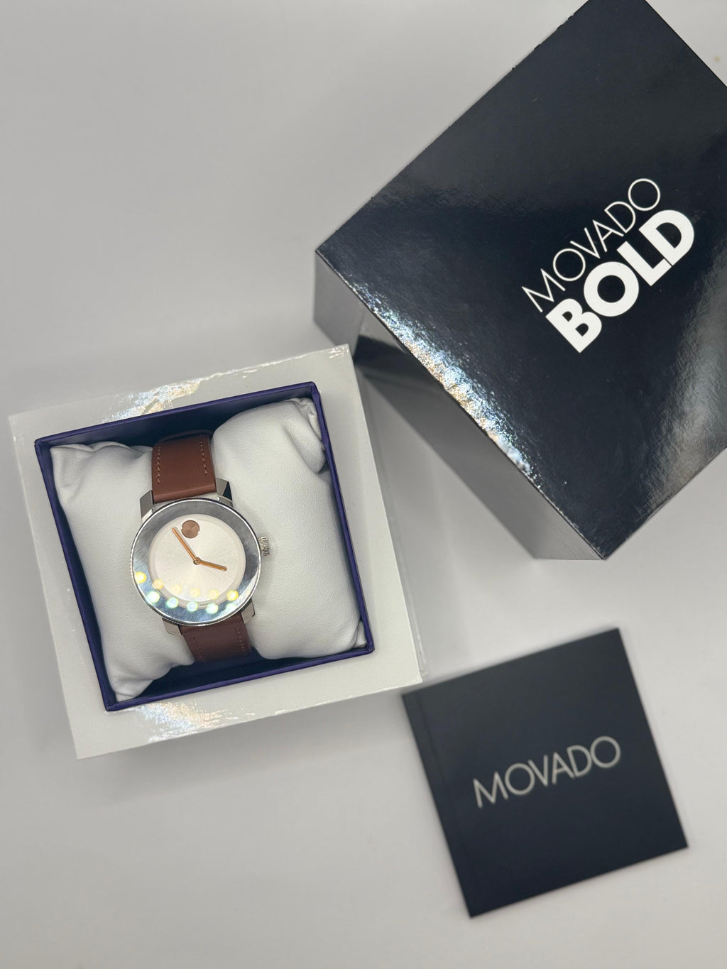 Movado Swiss Cognac Leather Strap silver round face