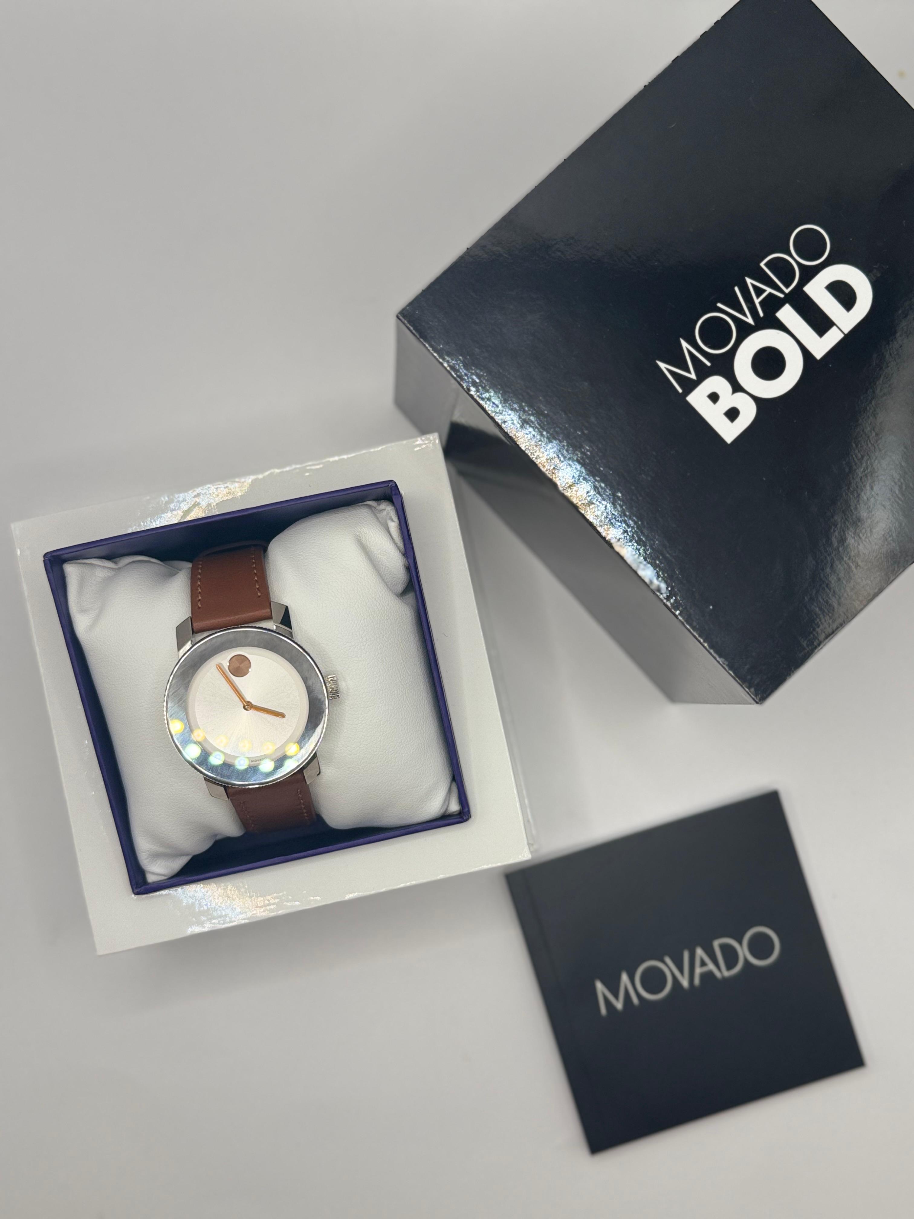 Movado Swiss Cognac Leather Strap silver round face