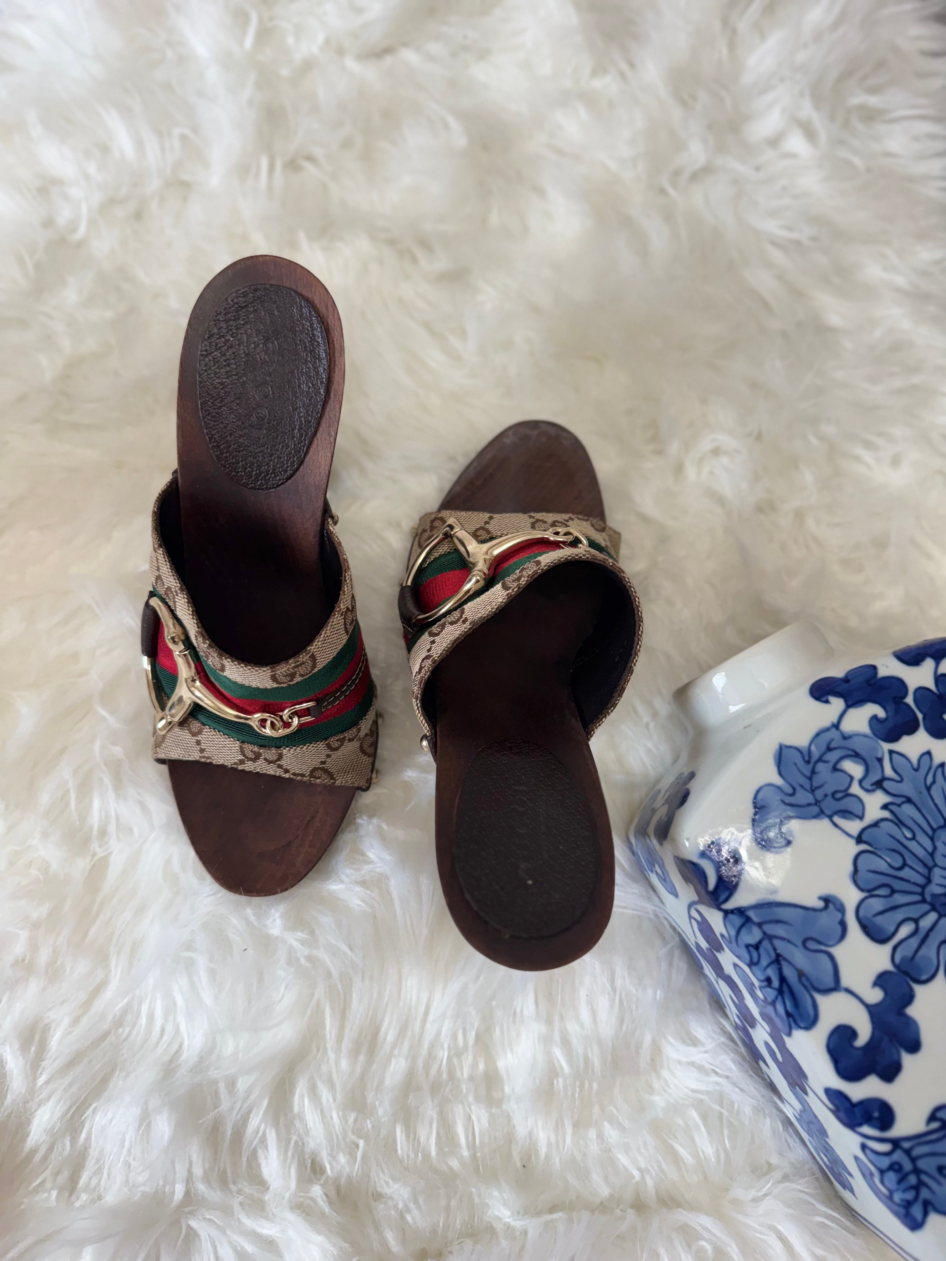 Gucci GG canvas Web Horsebit wooden clogs sandals