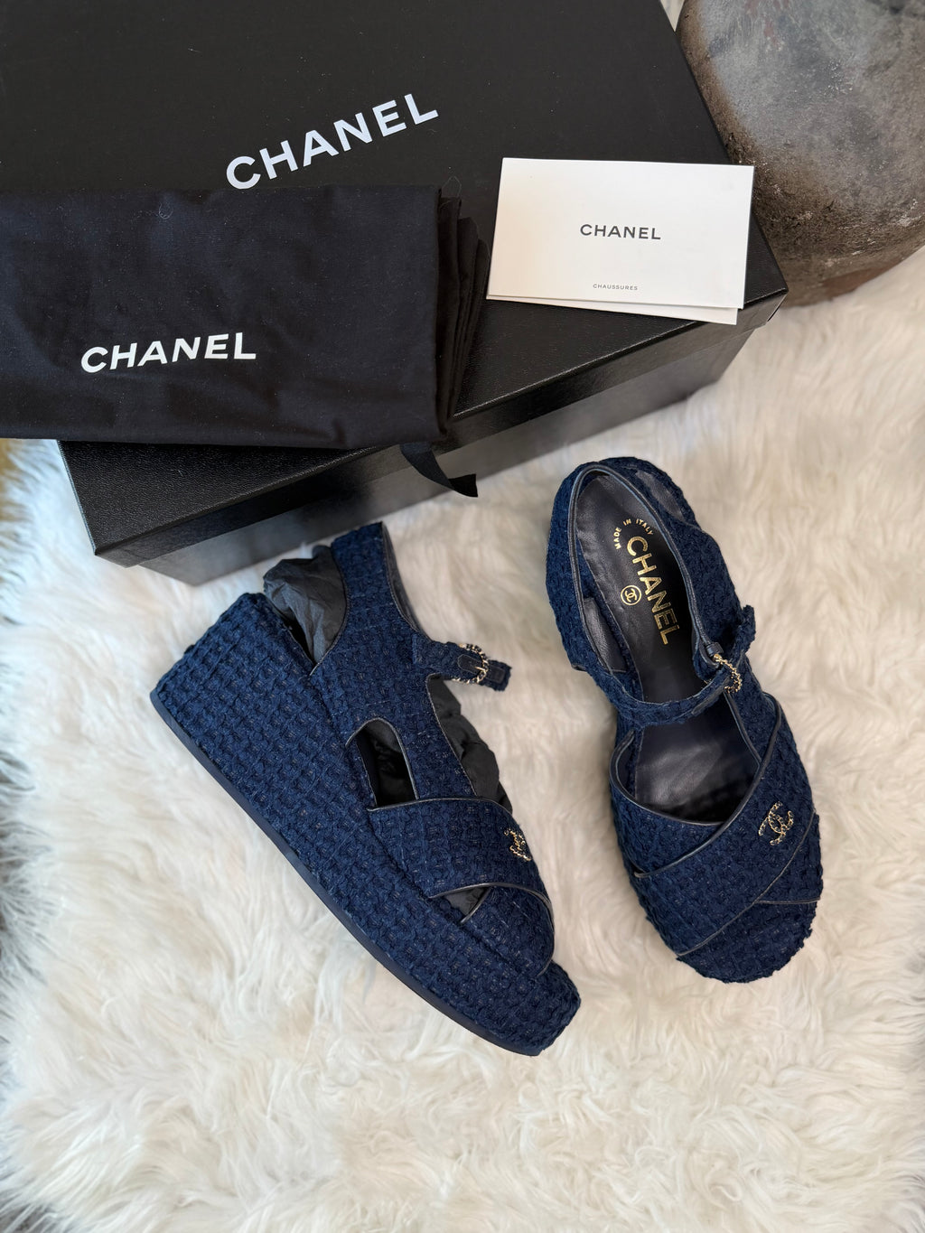 CHANEL TWEED QUILTED CC PLATFORM SANDALS