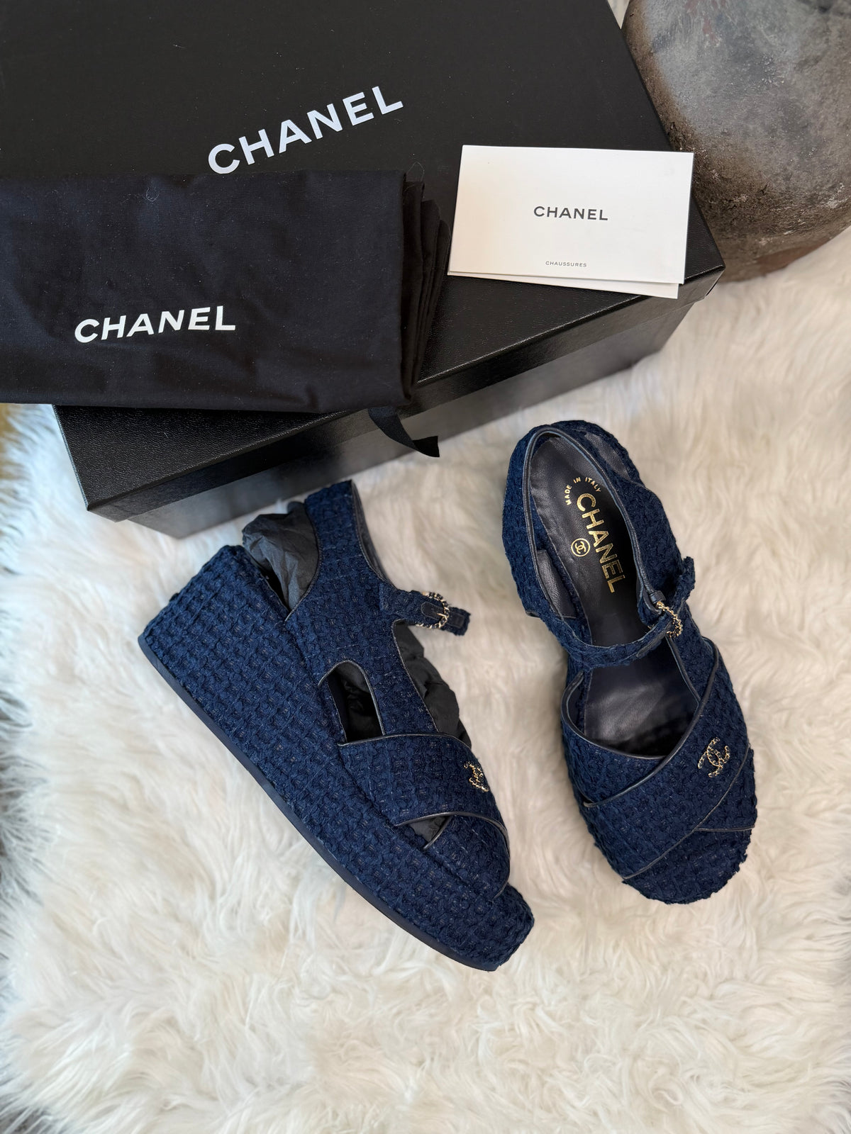CHANEL TWEED QUILTED CC PLATFORM SANDALS